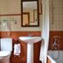 Alesga Rural bathroom in San Martín de Teverga with toilet, pedestal sink, shower curtain and bathtub