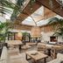 The Scott Resort & Spa lobby in Scottsdale with tropical plants, wicker seating and a fireplace