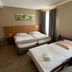 Hotel Lindleinsmühle in Würzburg guest room with three single beds, desk, wardrobe and curtains