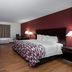 Red Roof Inn Warrenton room with king bed, TV, desk and burgundy accent wall in Warrenton