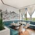 Hotel Himalaya Kathmandu dining area with teal banquette seating and city mural in Kathmandu