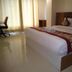 Hotel Daya Continental in New Delhi guest room with double bed, desk chair, and curtains
