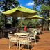 The Historic Crags Lodge in Estes Park: wooden deck with patio tables, green umbrellas, and forest views.