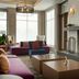 Hilton Garden Inn Riverhead lounge with fireplace, purple seating and large windows