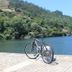 Douro Hotel Porto Antigo in Cinfães, bicycle parked beside a river with green hills beyond