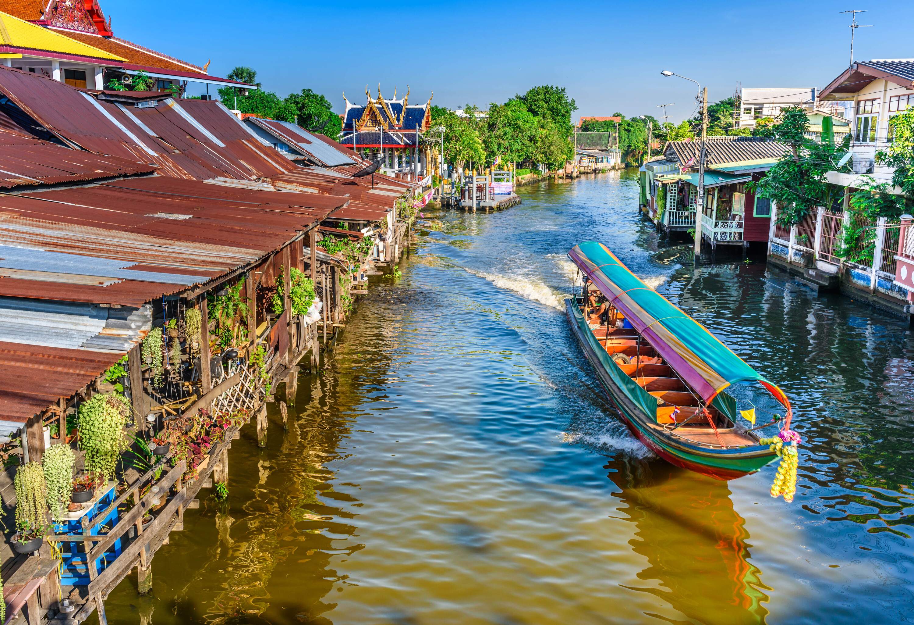A long travelling boat with a colourful roof on a canal lined with waterside houses.