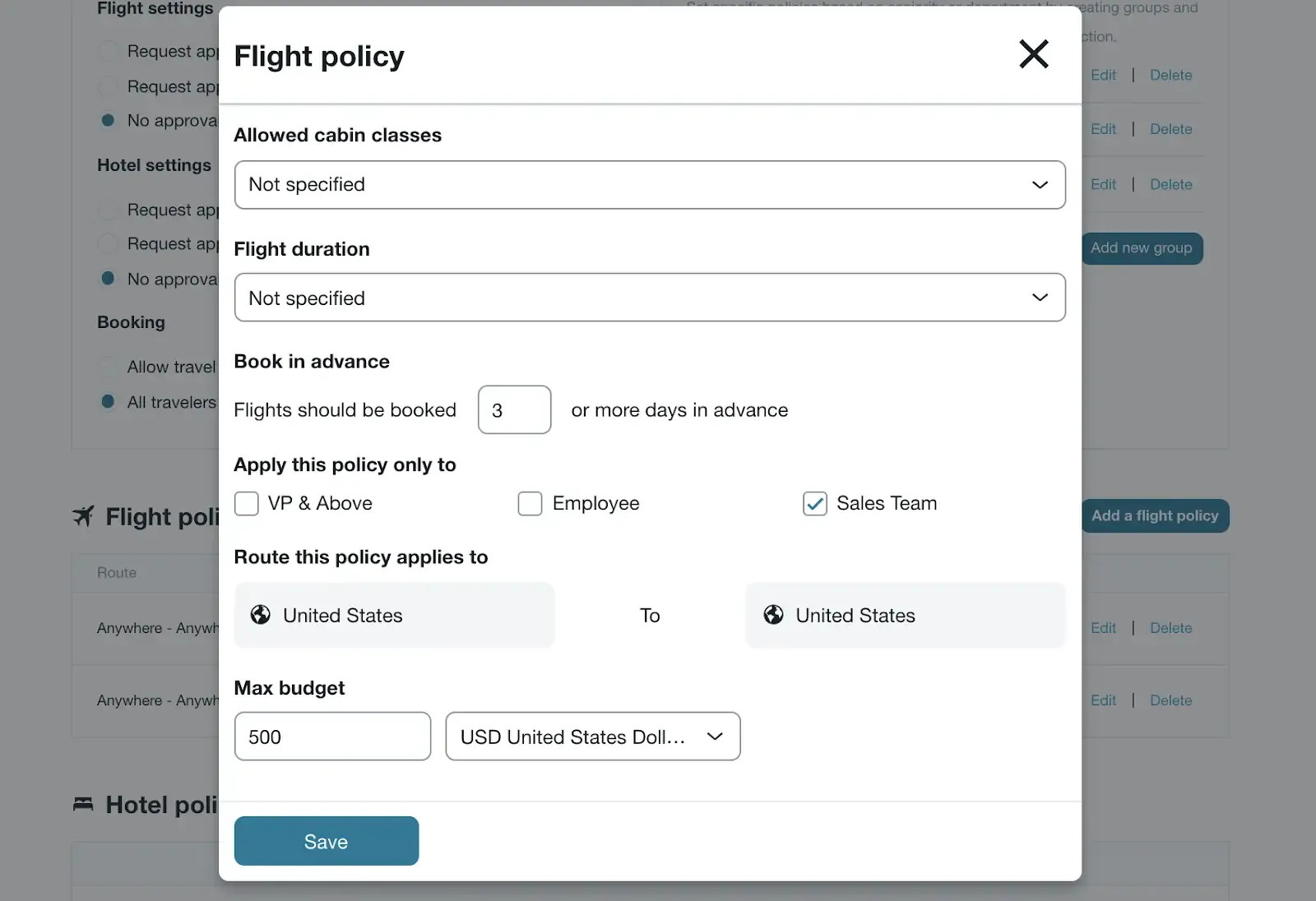 Company Travel Policies Set Up: sales team constraints