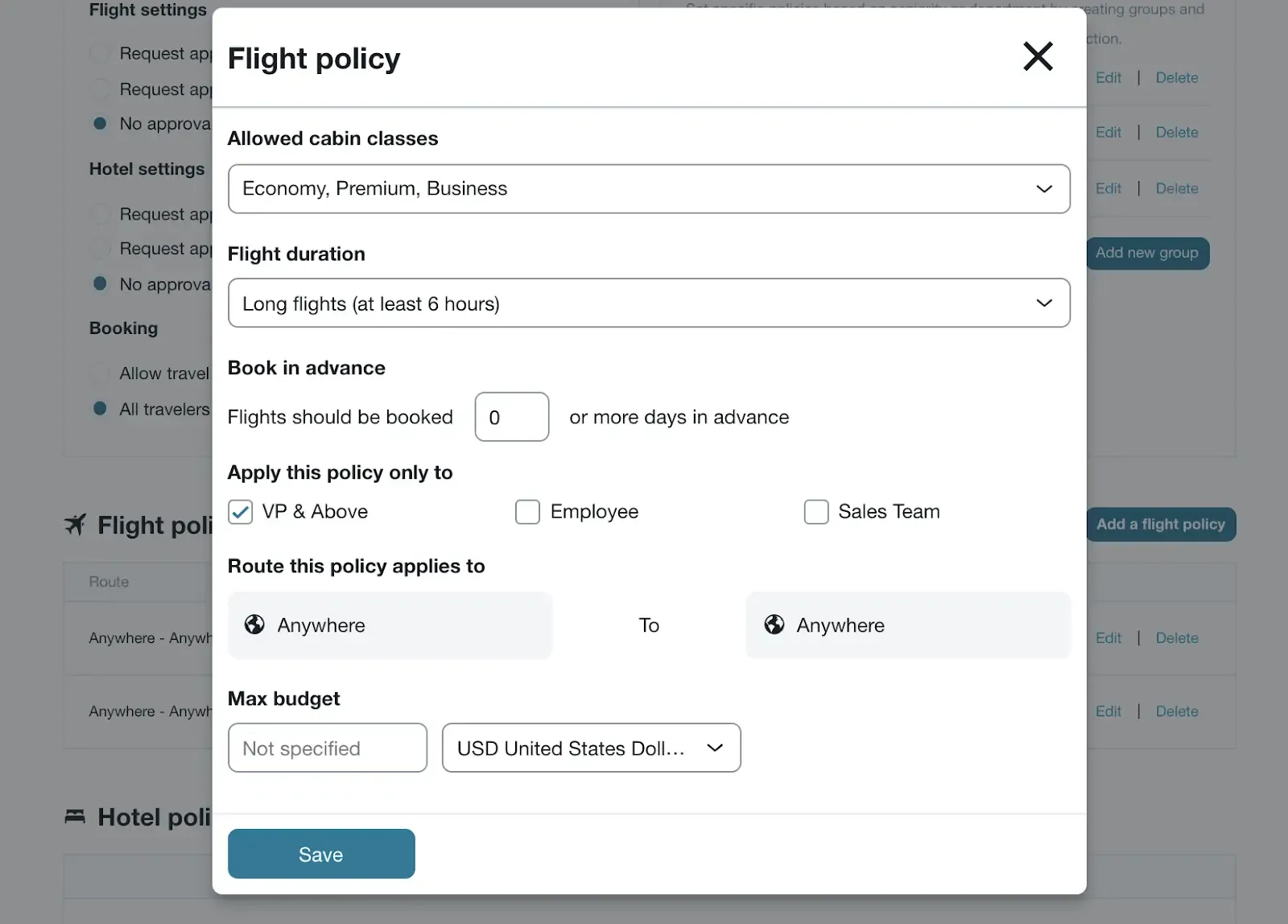 Company Travel Policies Set Up: adding vp business class