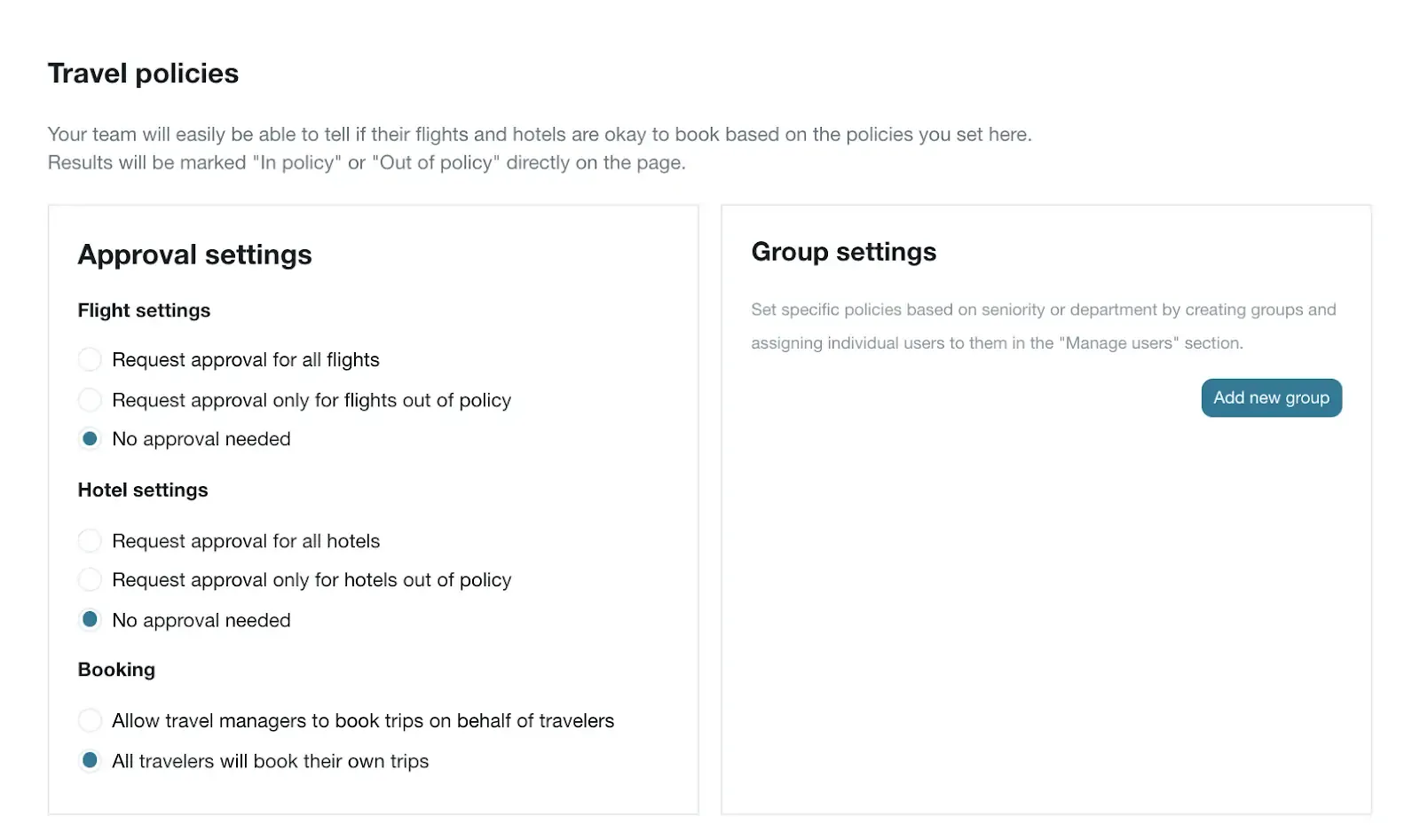 Company Travel Policies Set Up: add a new group