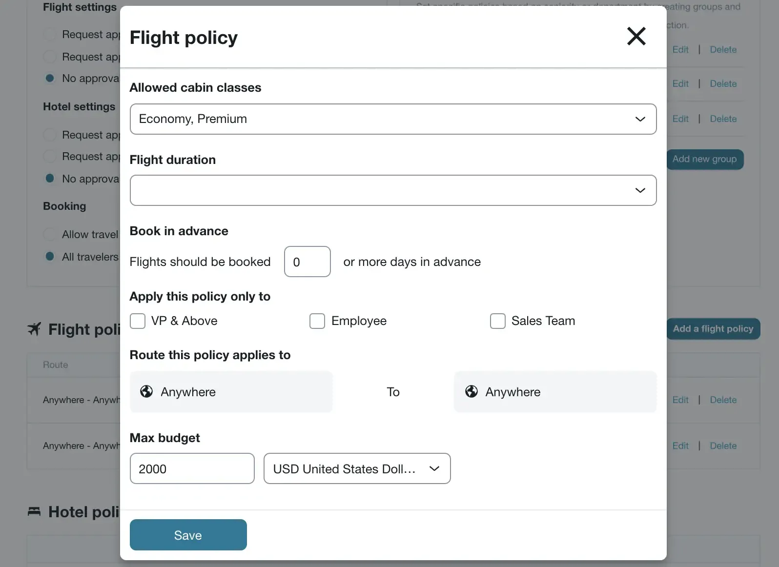 Company Travel Policies Set Up: base policy