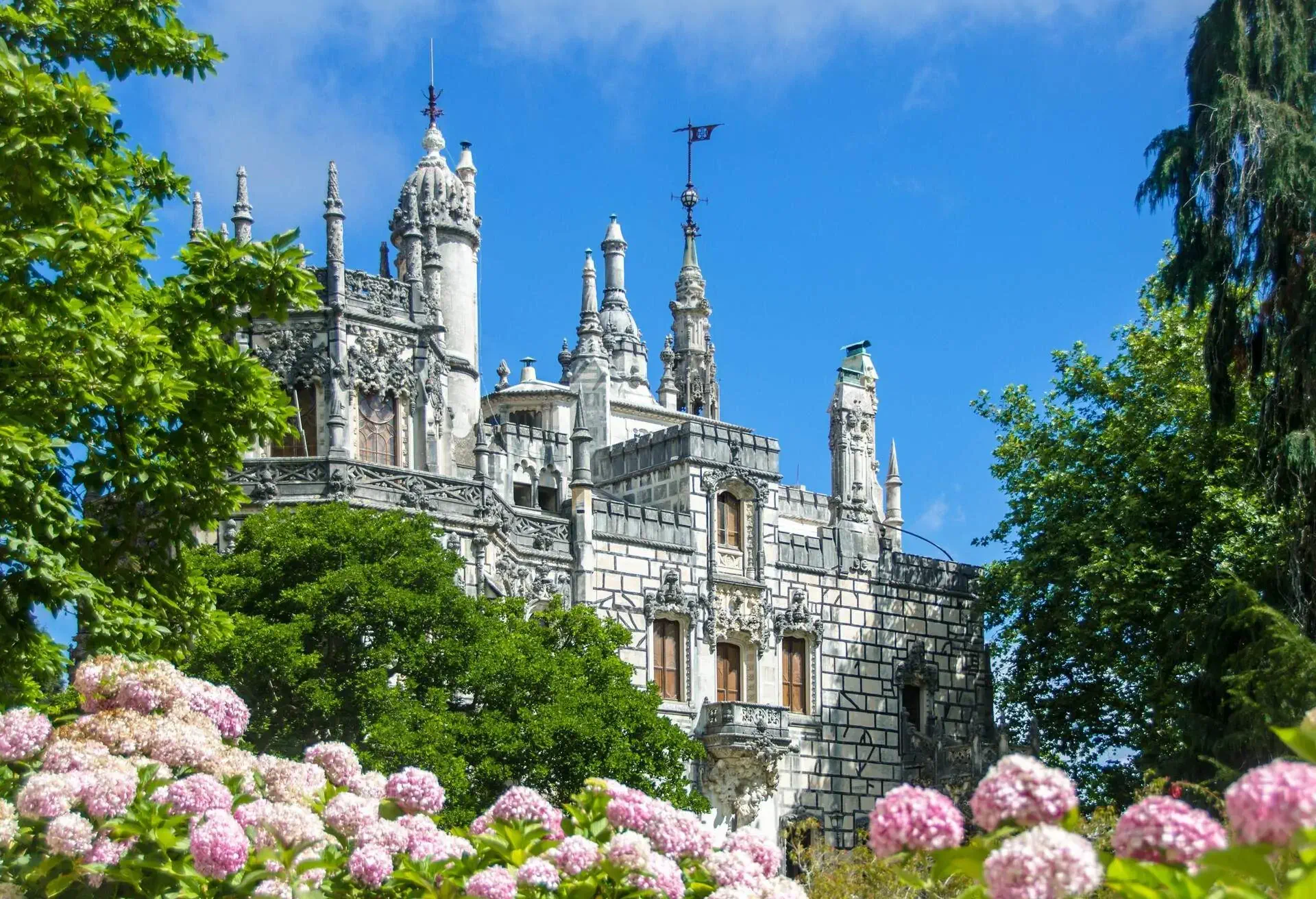 The palace of Quinta da Regaleira on a beautiful summers day surrounded by trees and pink hydrangea