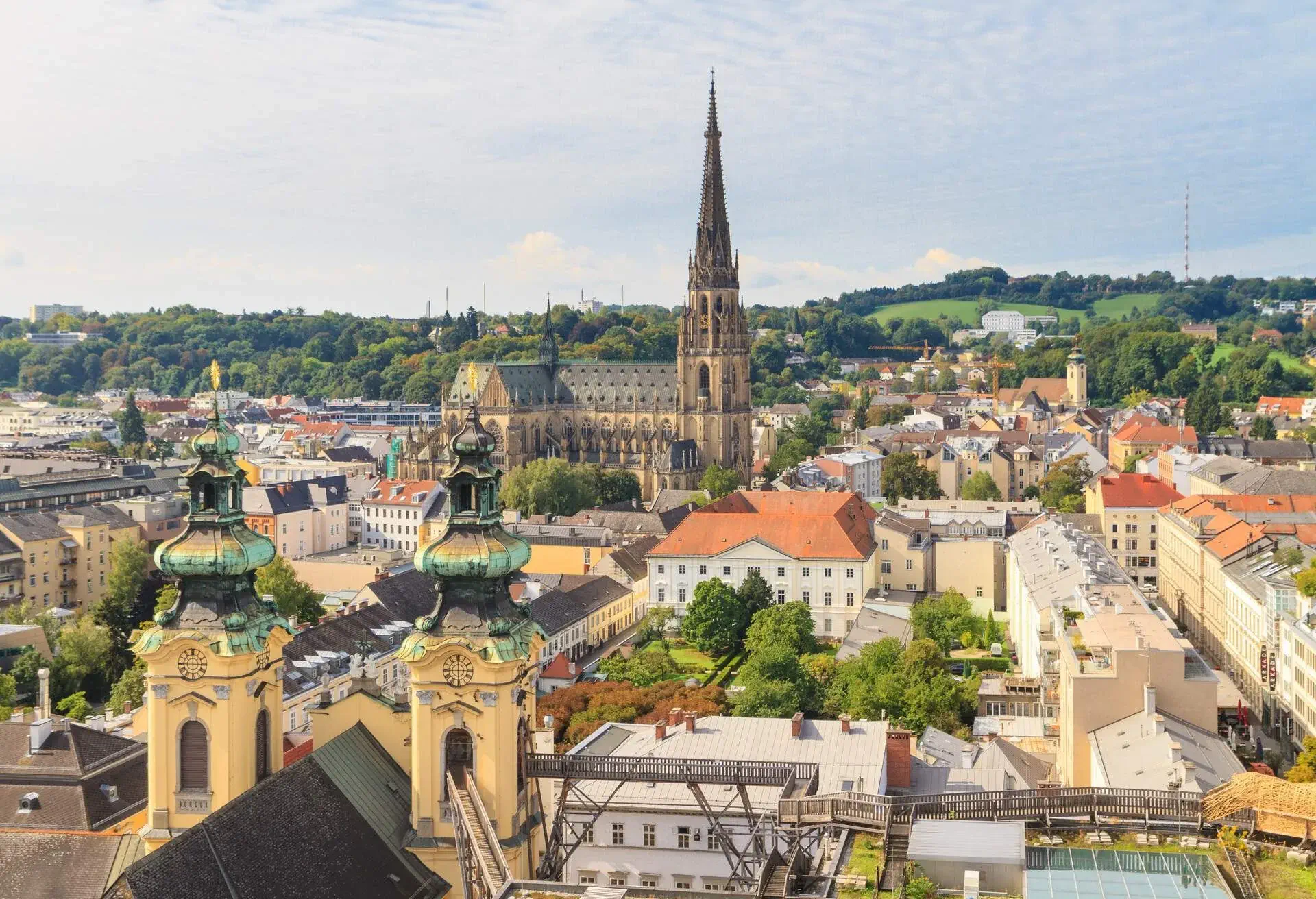 Linz Cityscape with New Cathedral and Church of the Ursulines, Austria.