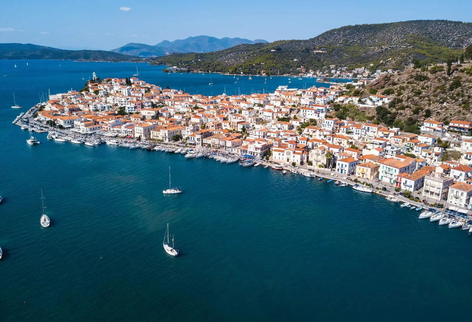 Sea Marina in Poros island aerial view, Aegean sea, Greece.