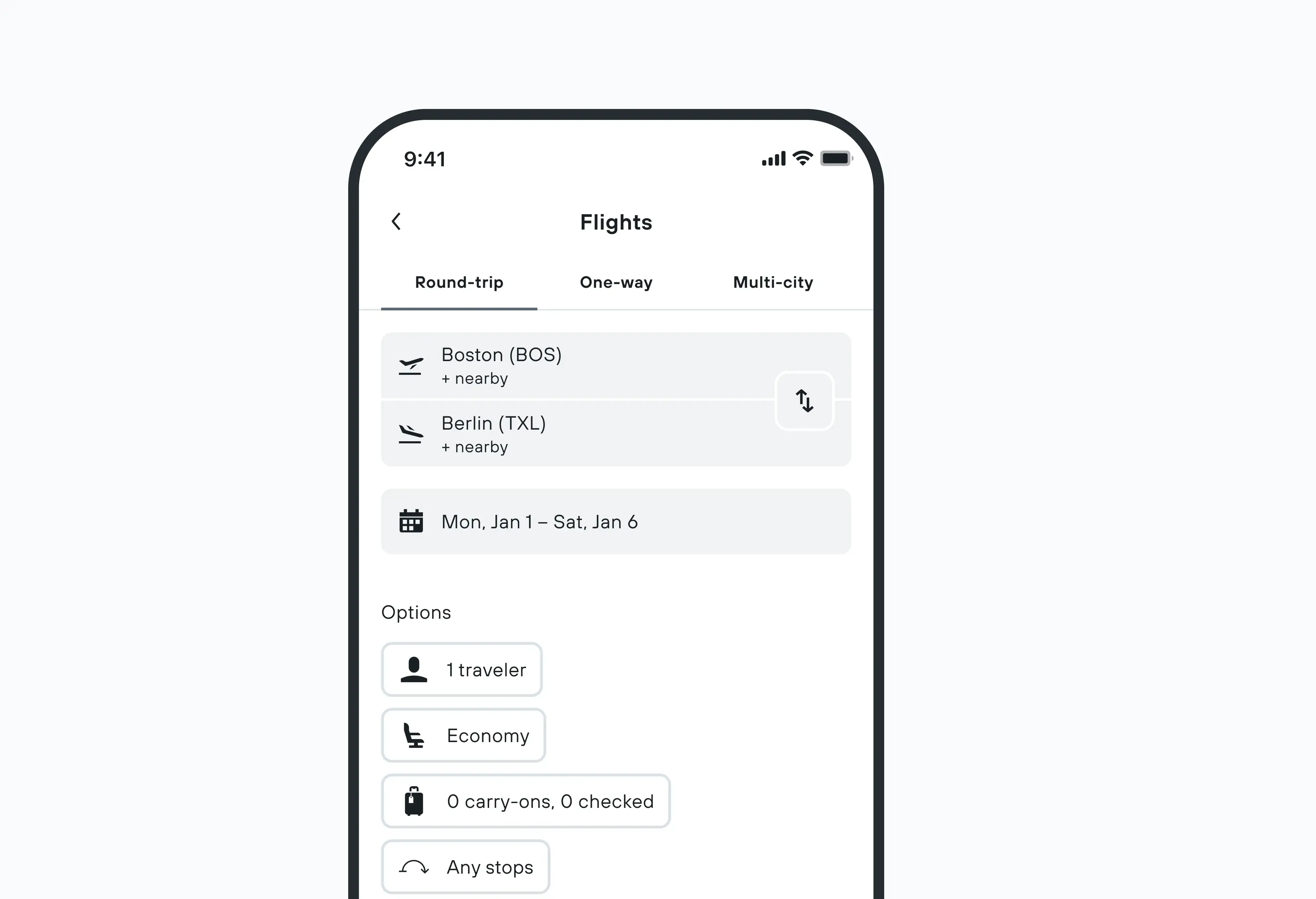 Flight search page on KAYAK mobile app.