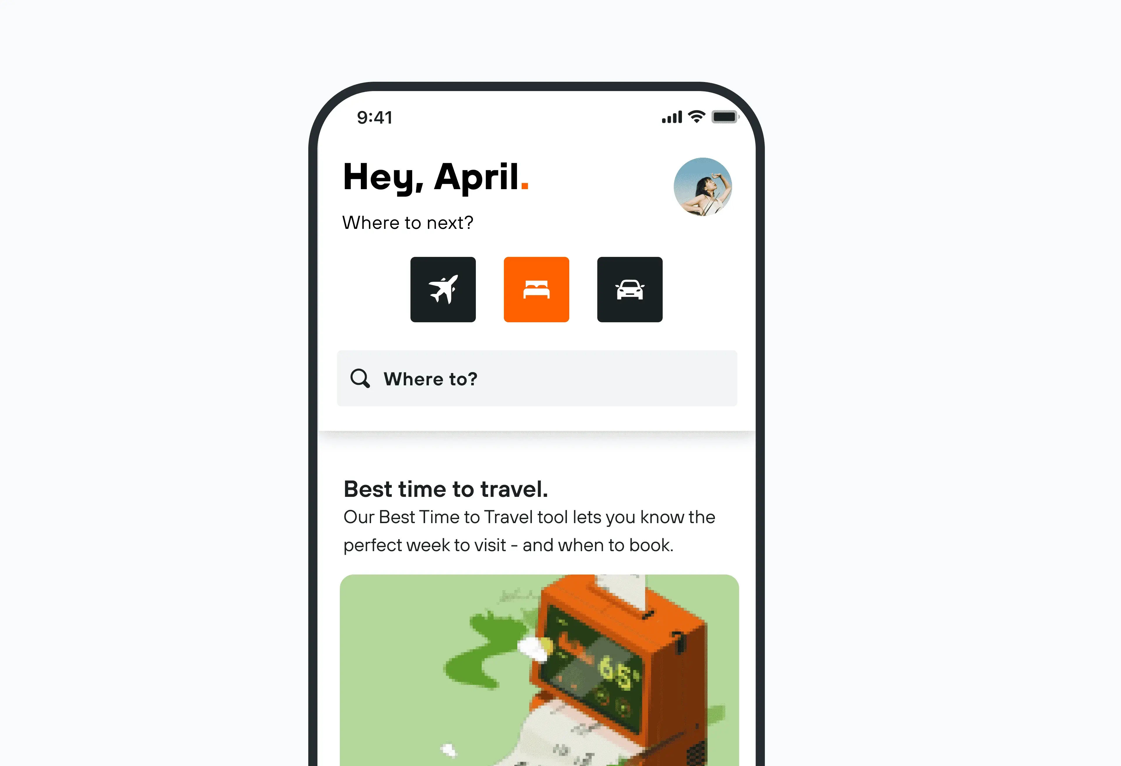 Personal welcoming start page on KAYAK mobile app.