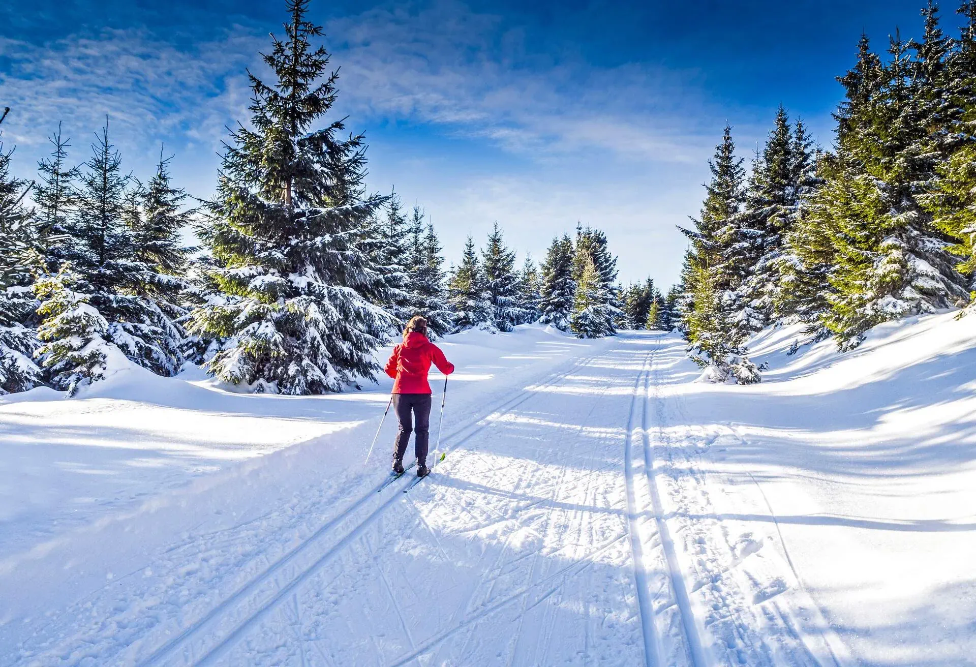 A woman skiing in the mountains of Thuringia.