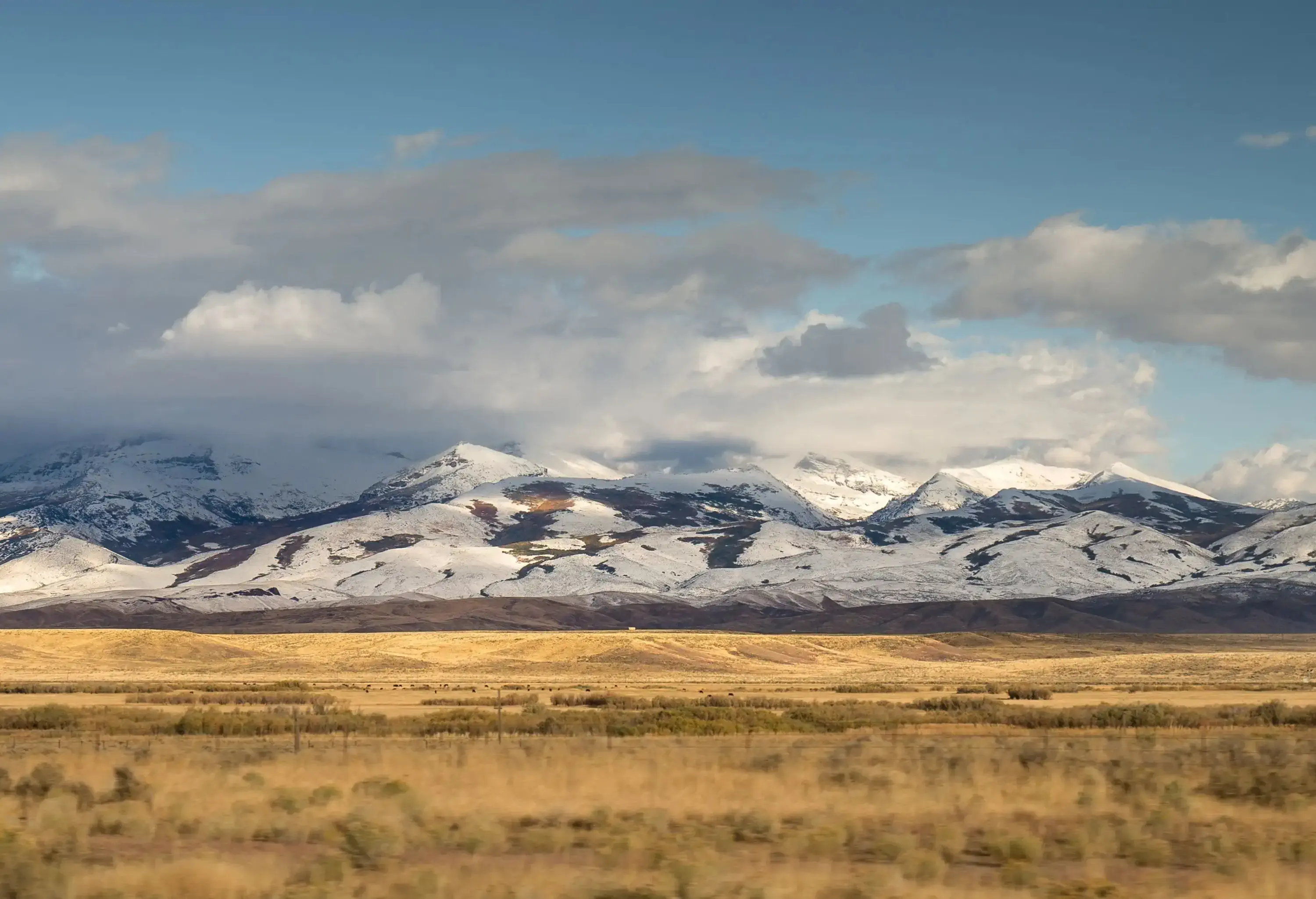 Panoramic view of a vast brown lawn against the background of snow-capped mountains and storm clouds.
