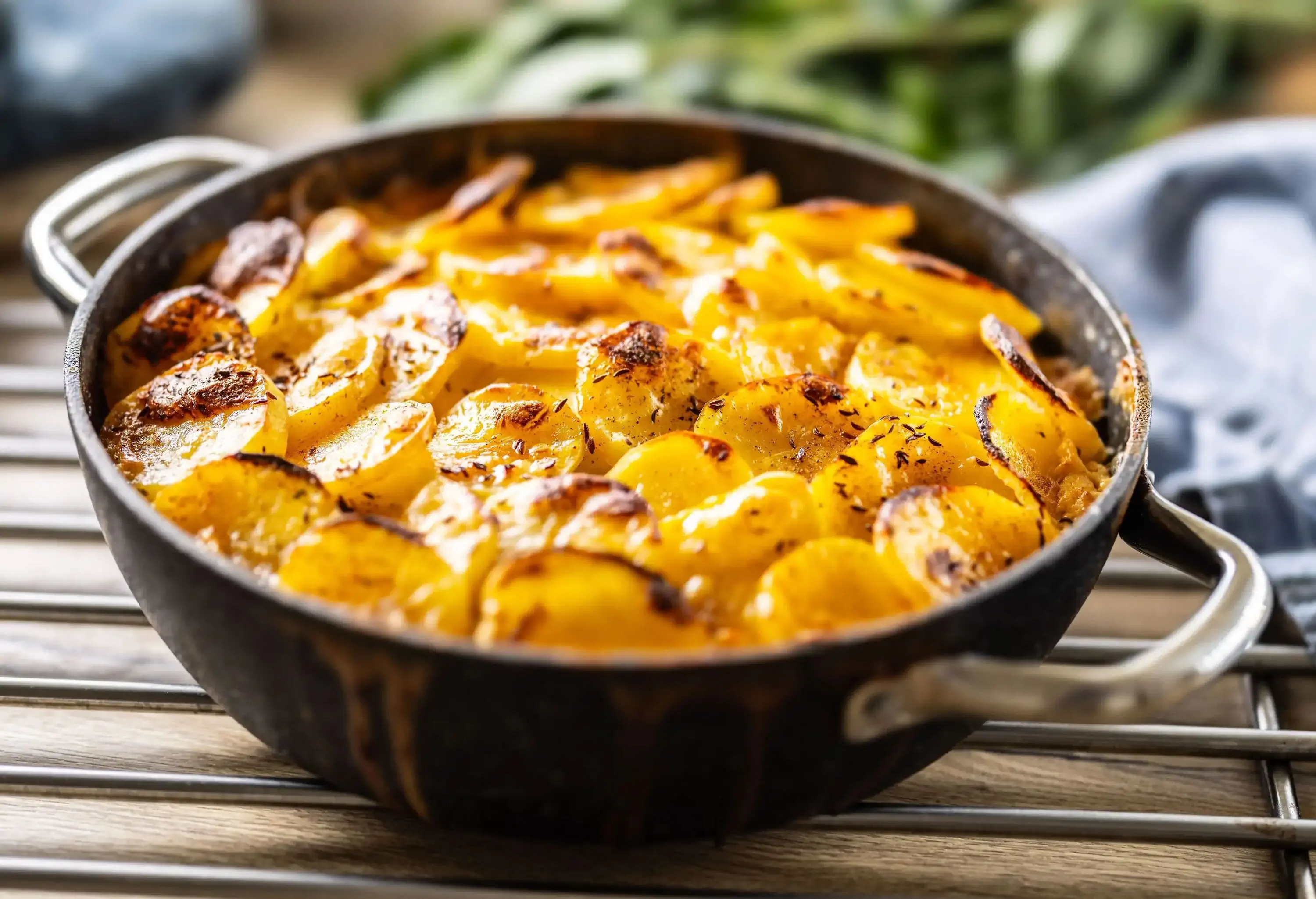 Black dish with Pommes Boulangère