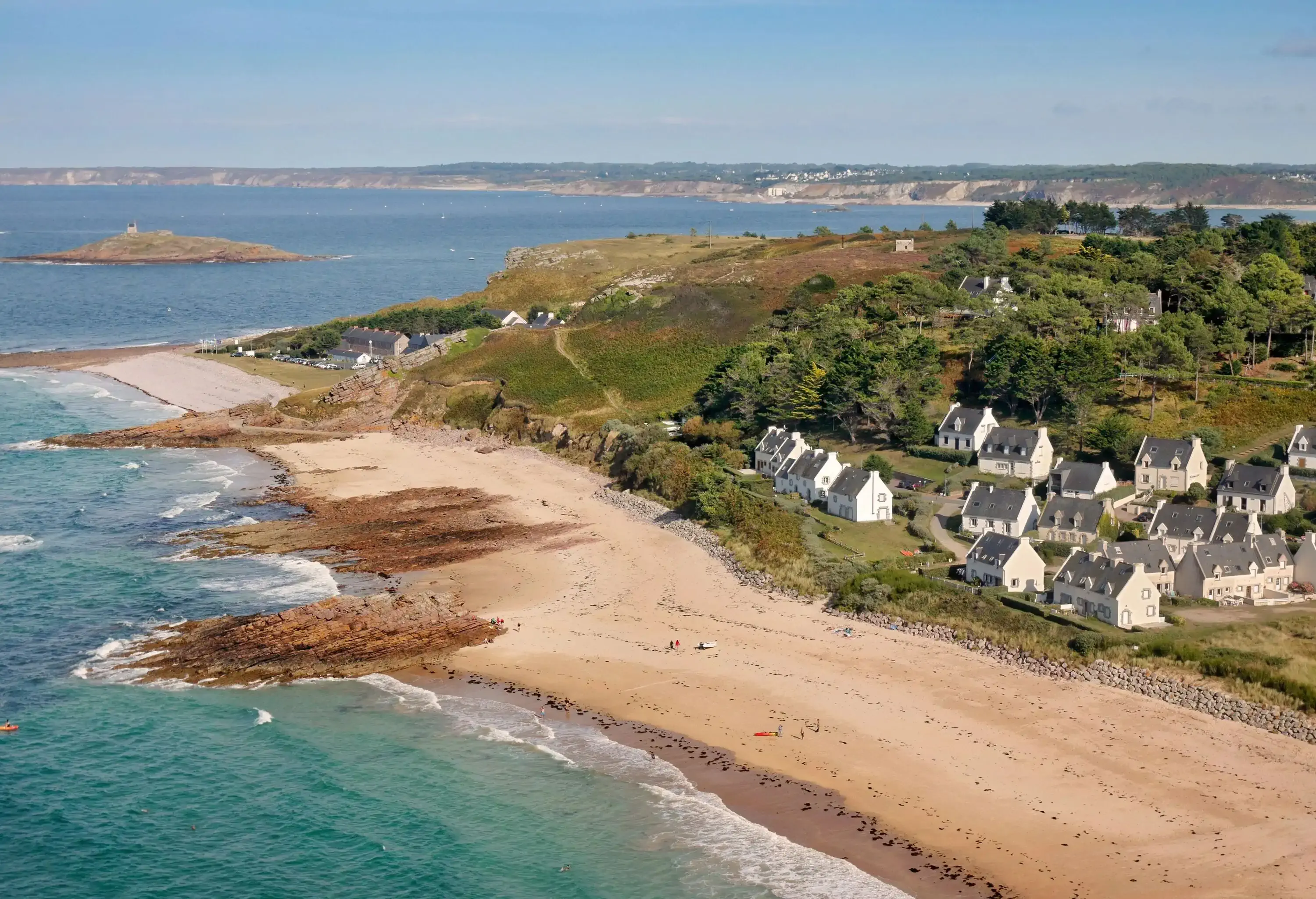 Aerial view of Erquy Le Guen beach in Brittany region