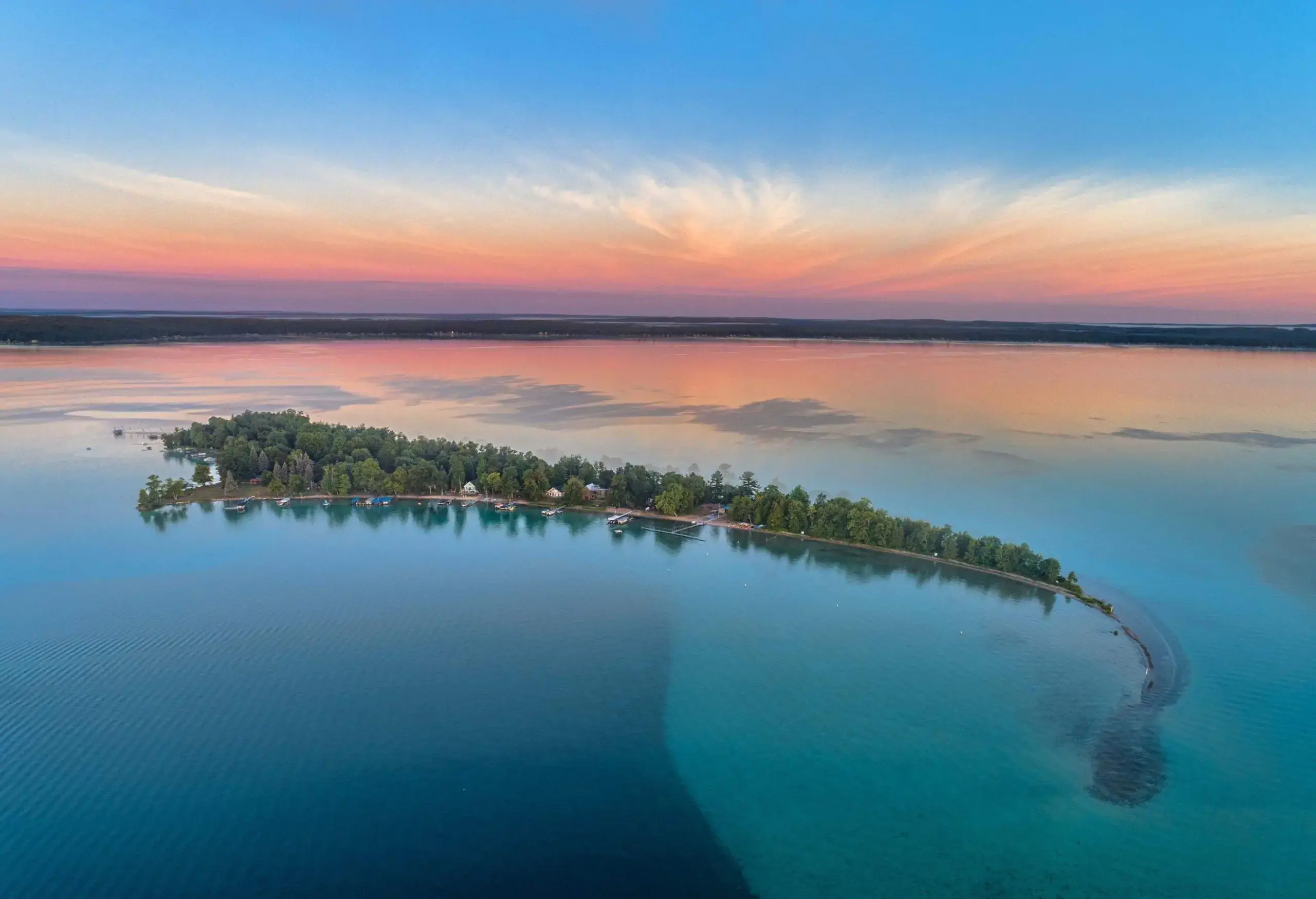 Treasure Island, Higgins Lake, Michigan.  shot with drone during sunrise.