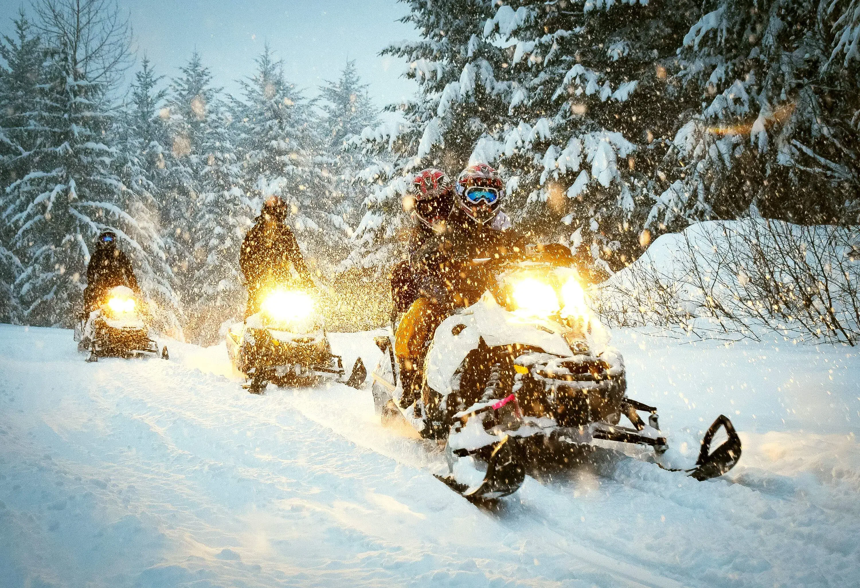 Snowmobiles forge ahead in the midst of a fierce blizzard, their headlights piercing through the wintry woods as riders clad in snug winter gear navigate the forest.