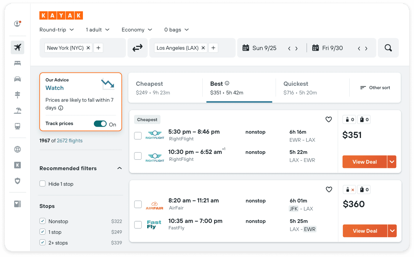 Showing KAYAK's Price Forecast tool with recommendation of "Buy Now" on its desktop site