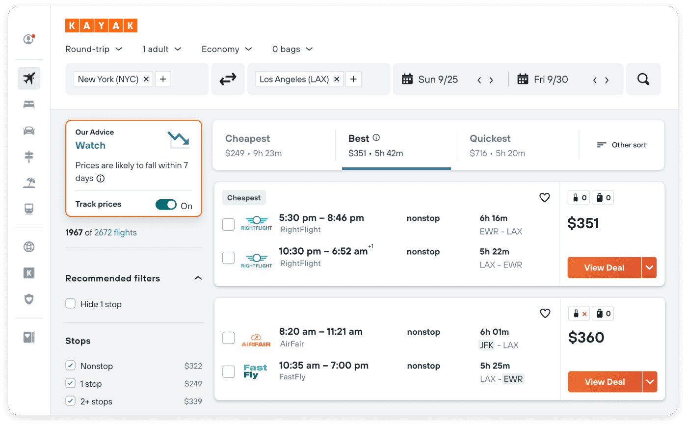 Showing KAYAK's Price Forecast tool with recommendation of 