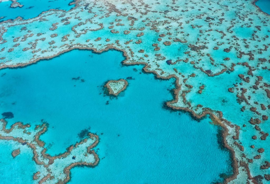 A heart-shaped reef in the middle of the Great Barrier Reef, forming a captivating and unique natural wonder.