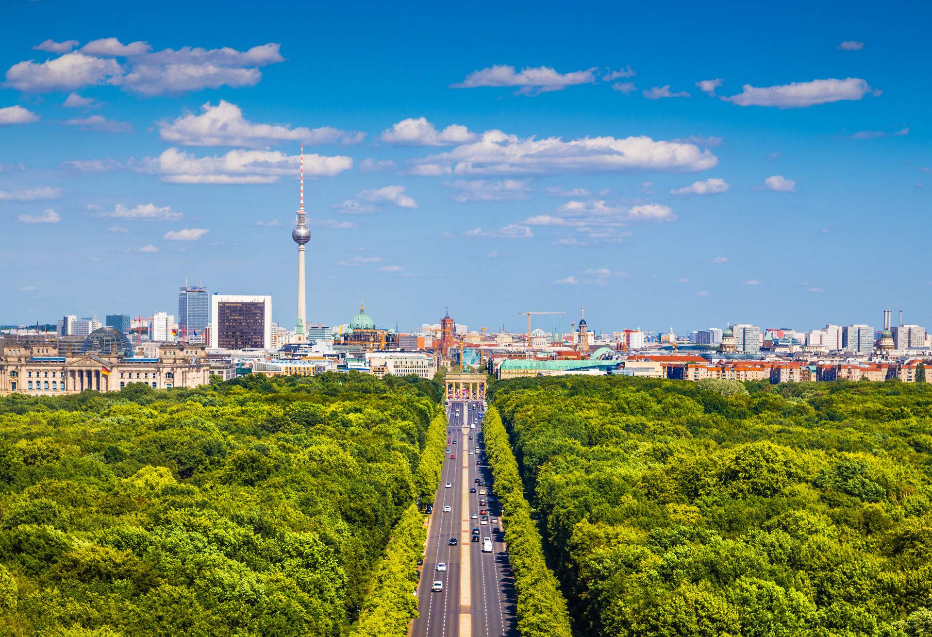 A highway surrounded by lush forest that leads to the city's metropolitan scenery, with a prominent TV tower visible in the distance.