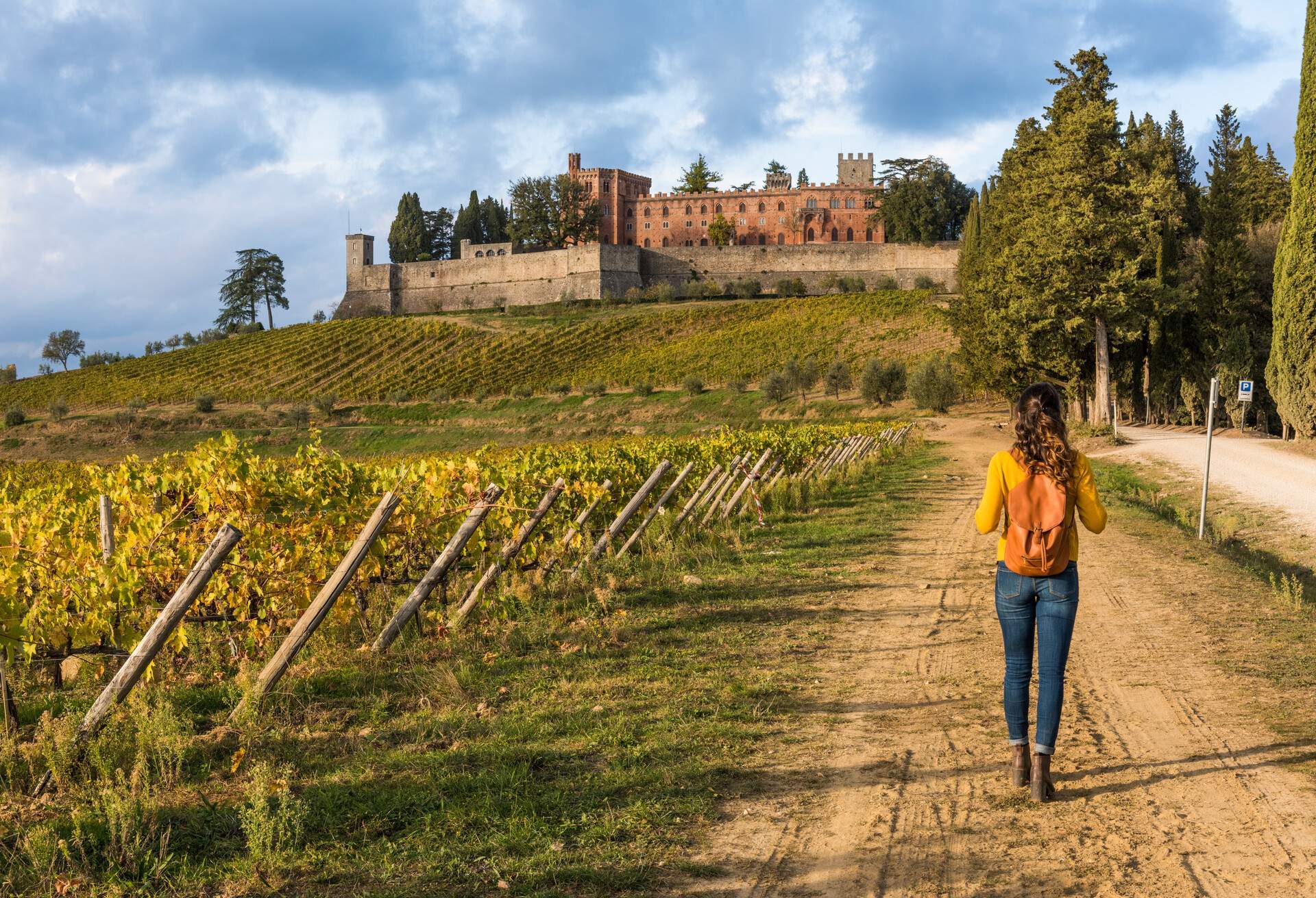 A woman walking down a dirt road along a vineyard, with a hilltop castle in the distance.