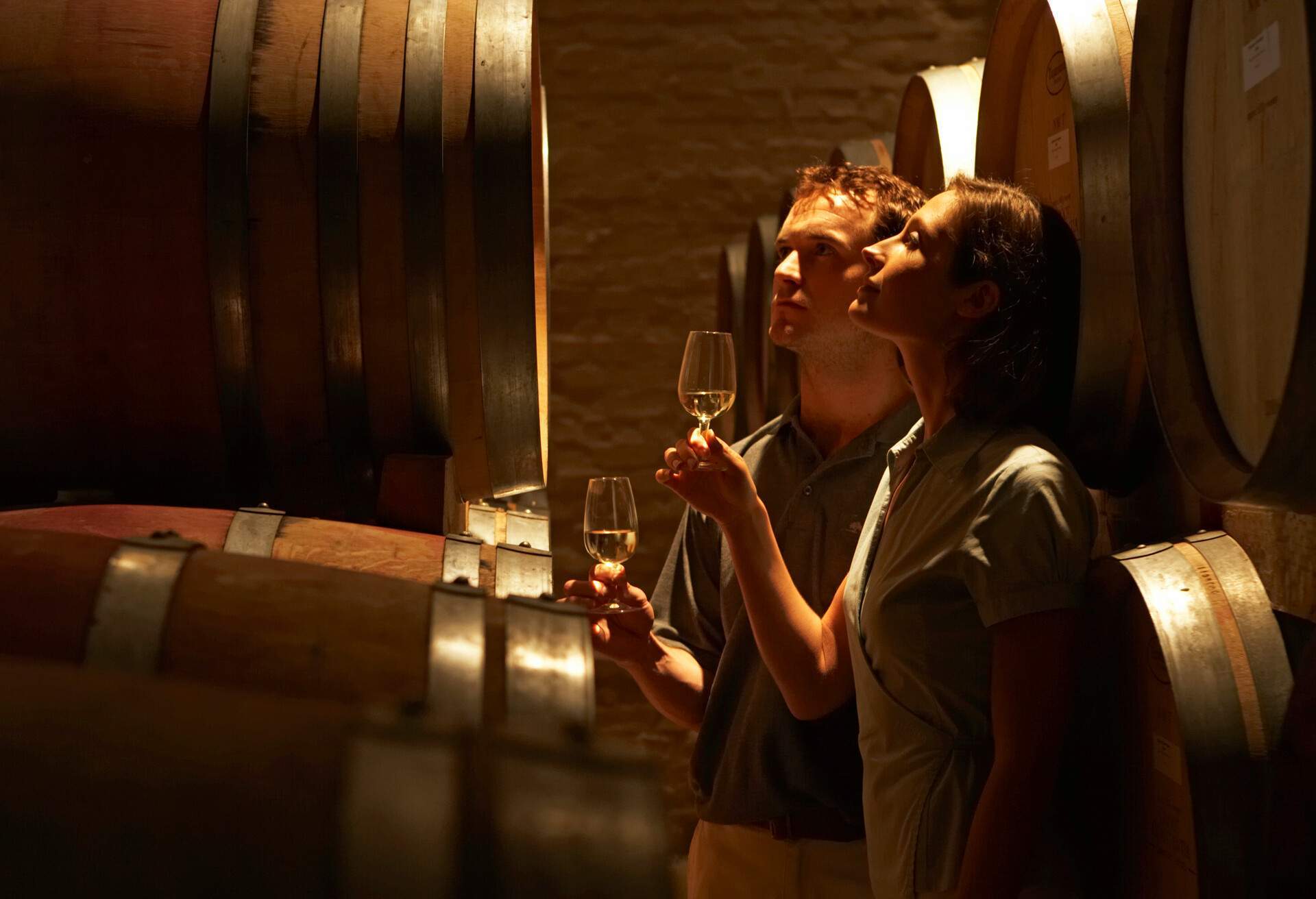 A man and a woman having white wine inside a wine cellar.