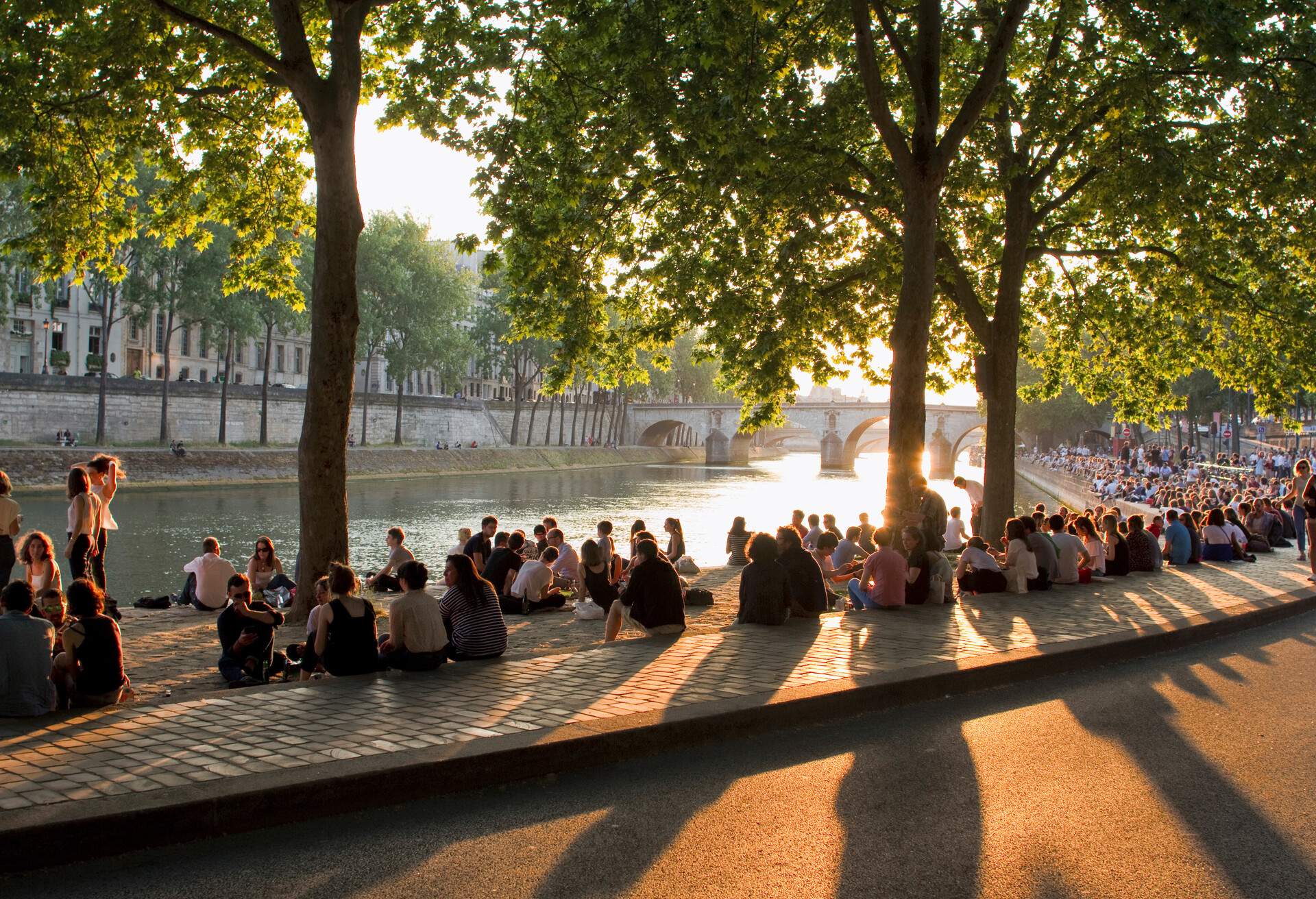 People sitting under the shade of trees along the banks of a river.