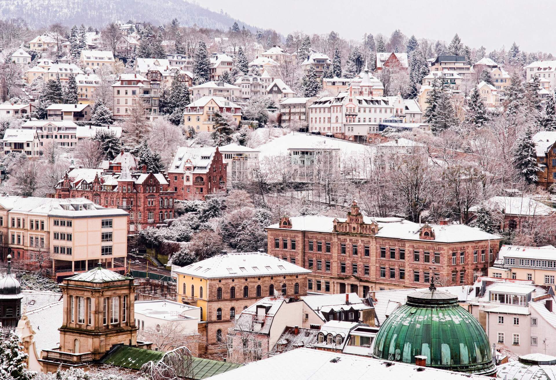 Top view of a cityscape in the snow with classic buildings surrounded by tall frosted trees.