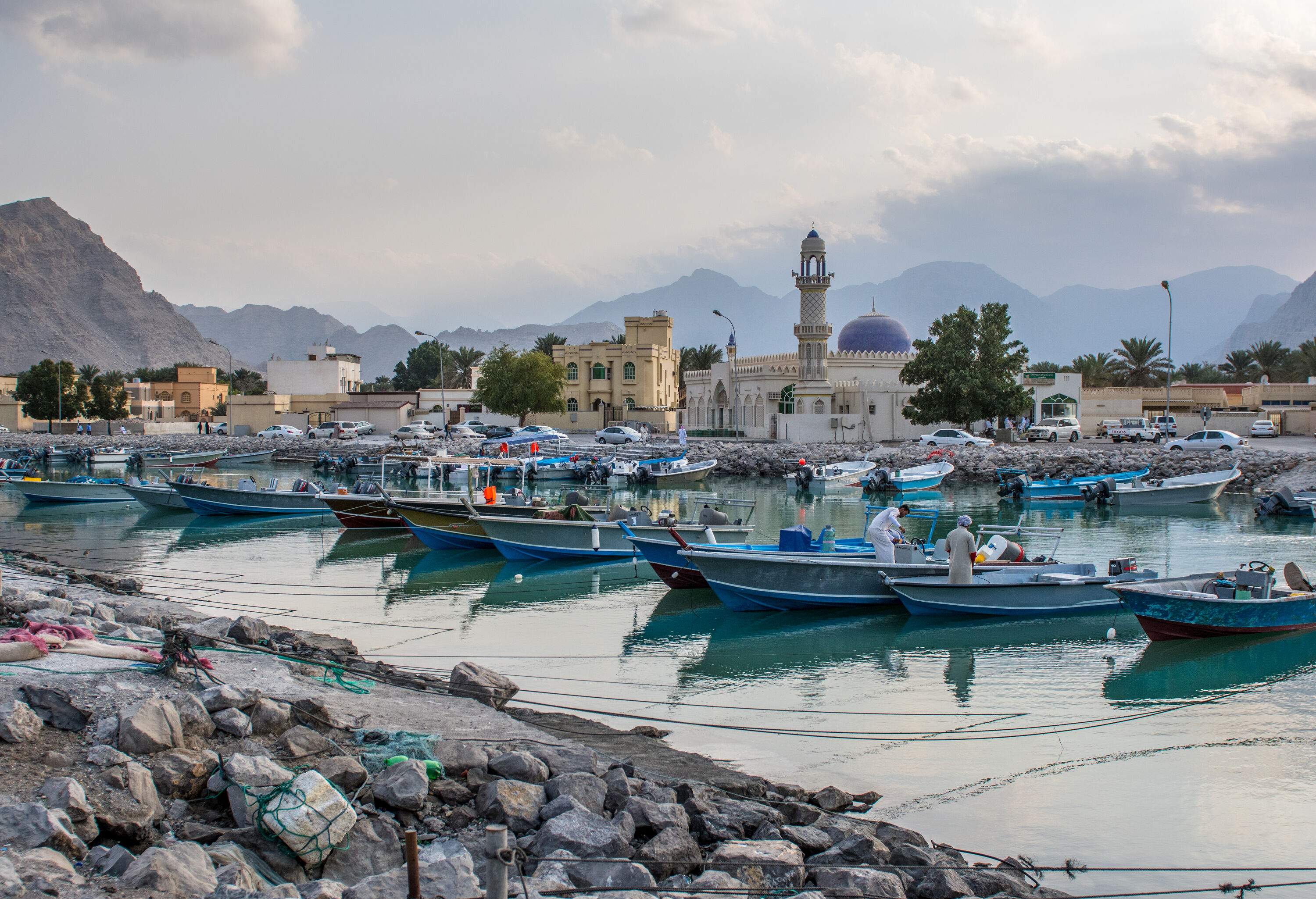 Two rows of docked boats line the harbour next to a village with buildings dominated by a tower.