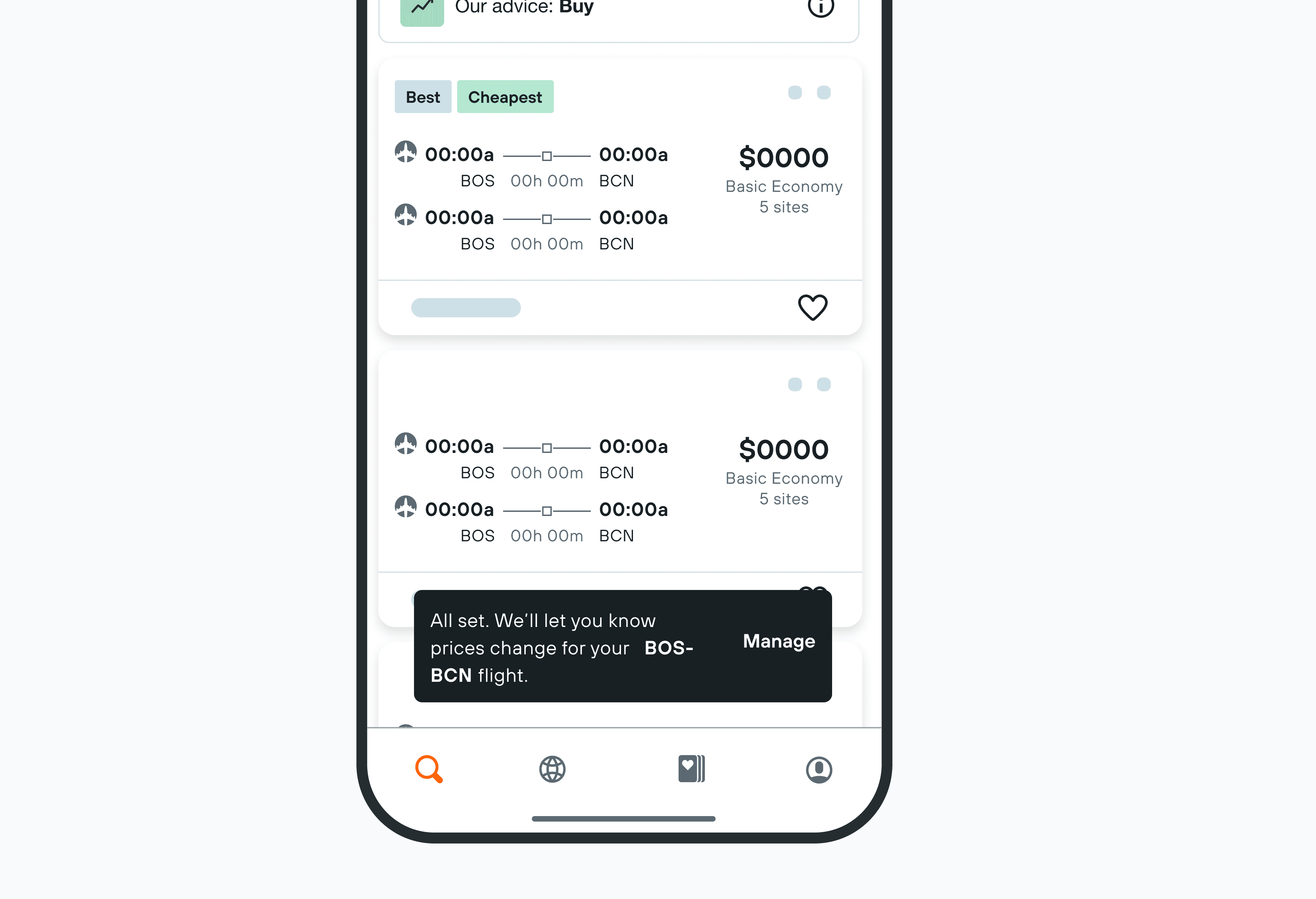 Flight result page setting up a price alert on KAYAK mobile app.