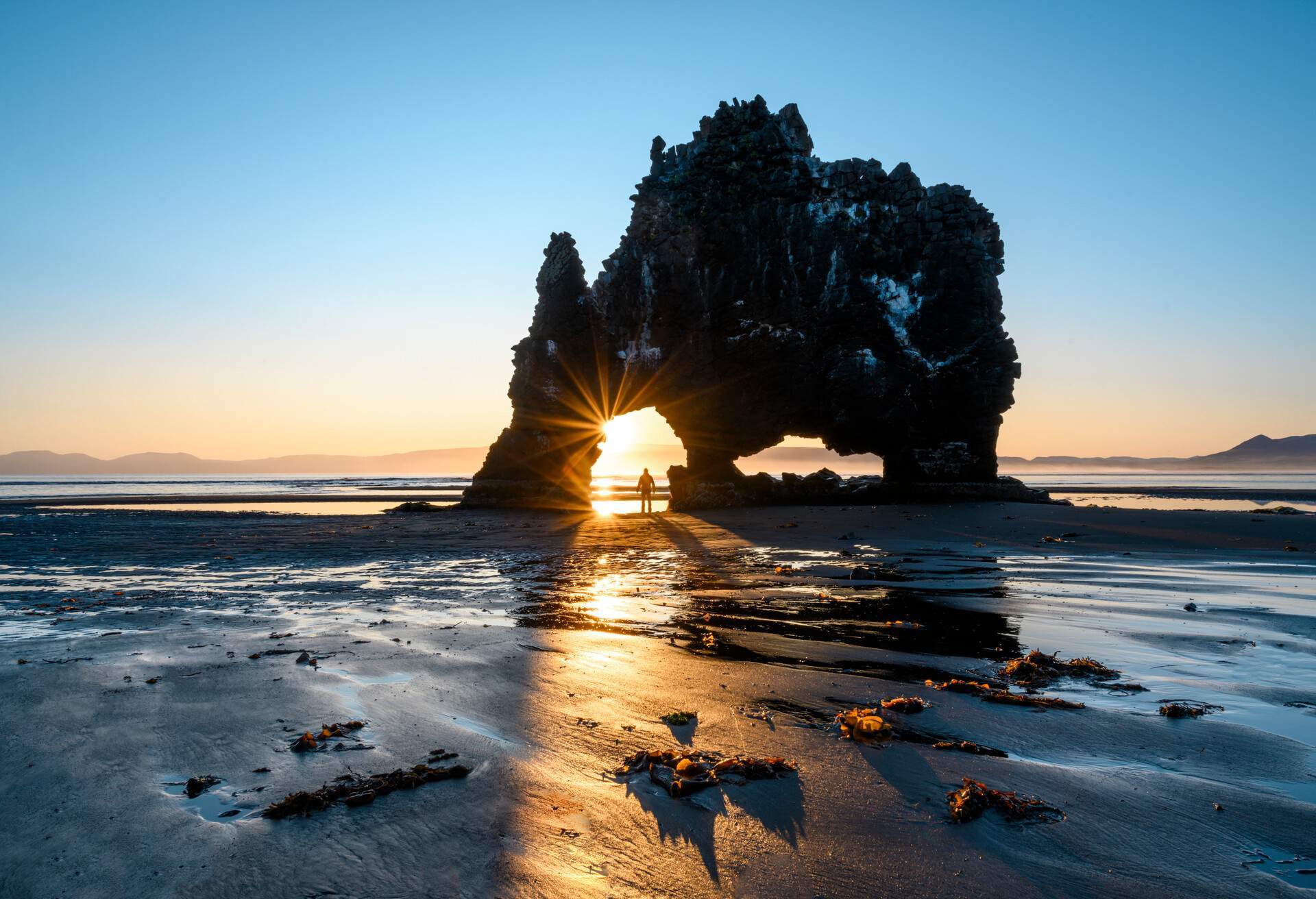 View of a beach in Iceland at sunset.