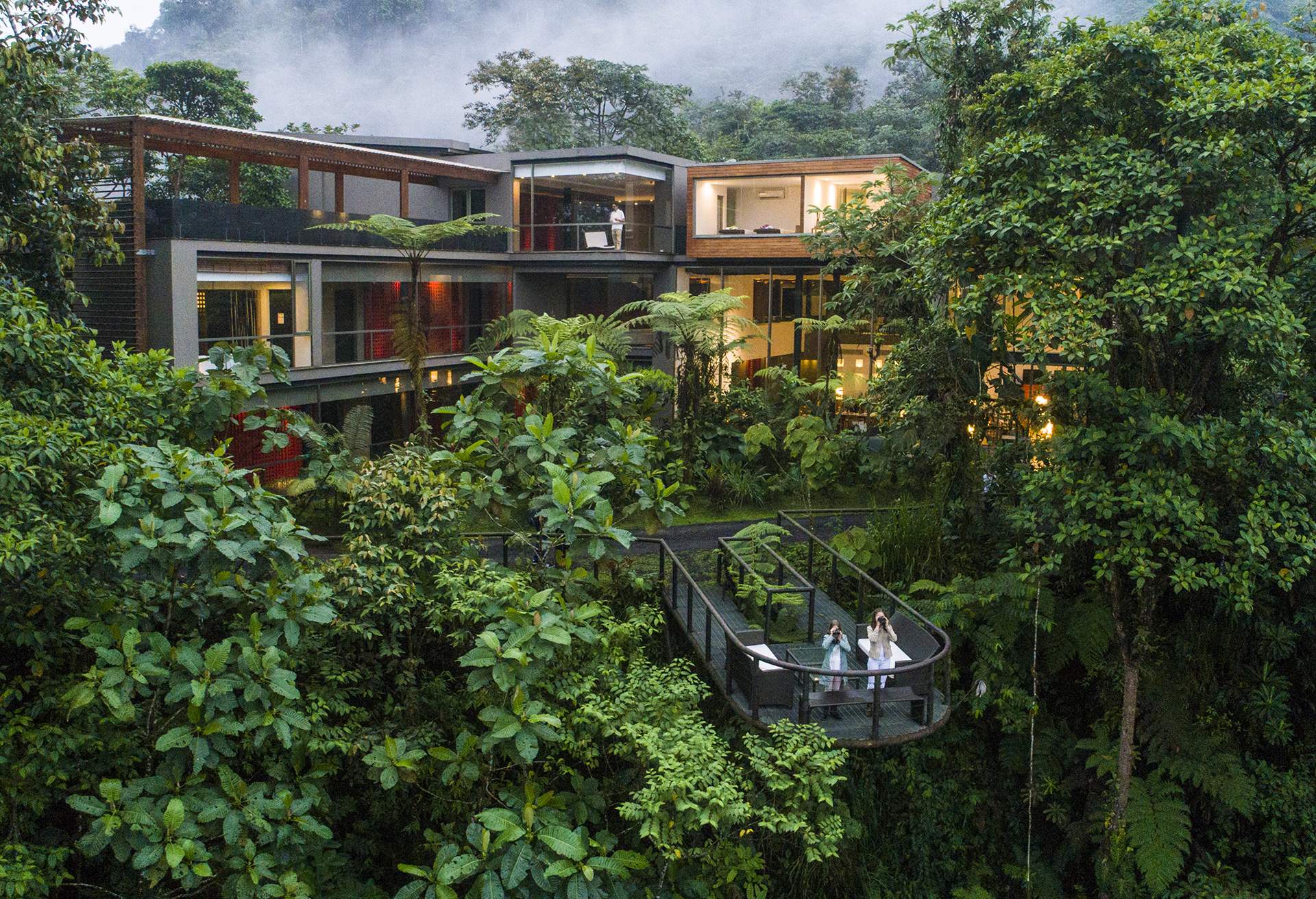 Aerial view of Mashpi Lodge in the rainforest
