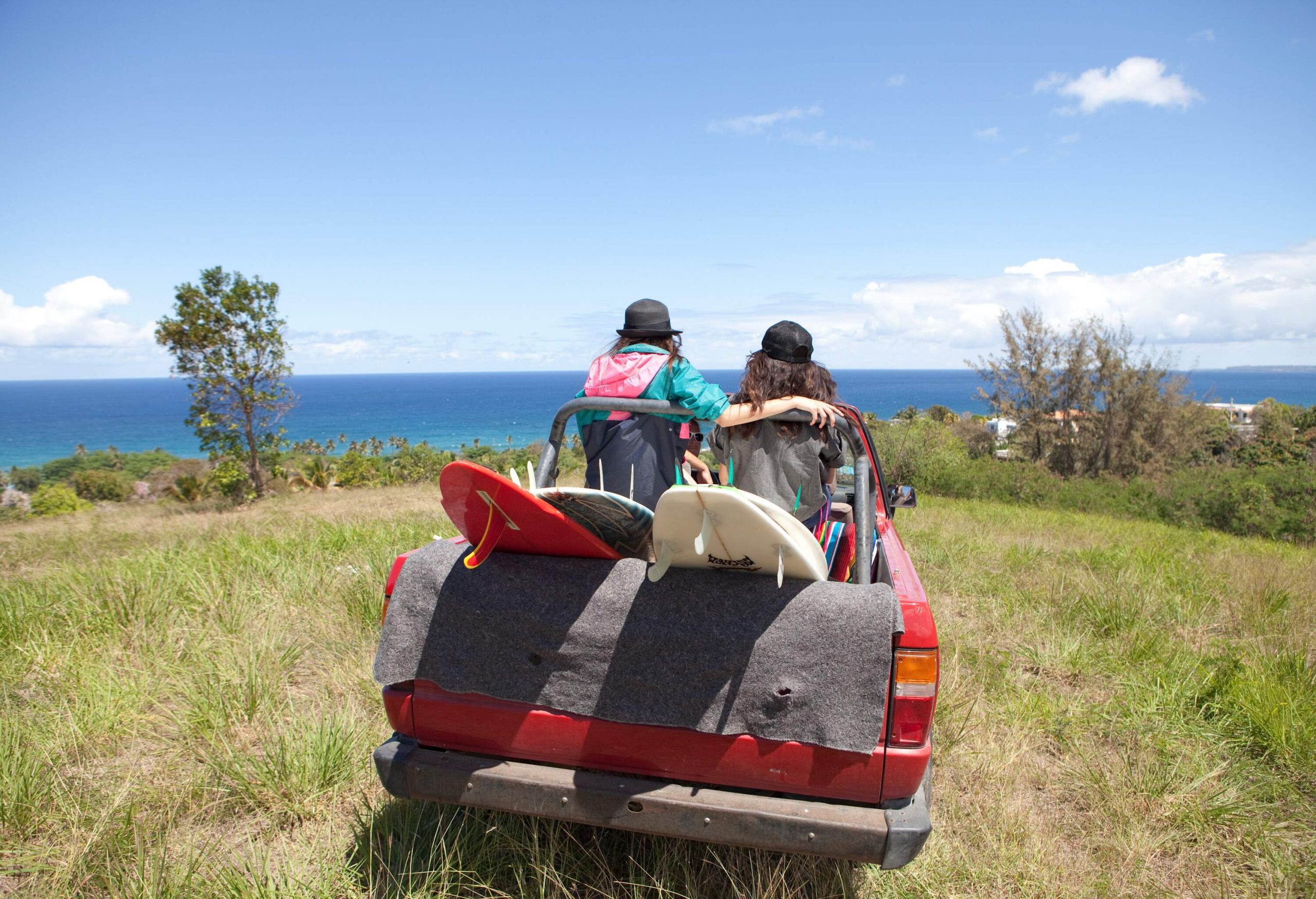 Two individuals were seated on the back of an open-roofed vehicle parked on the grassy landscape overlooking the blue sea.