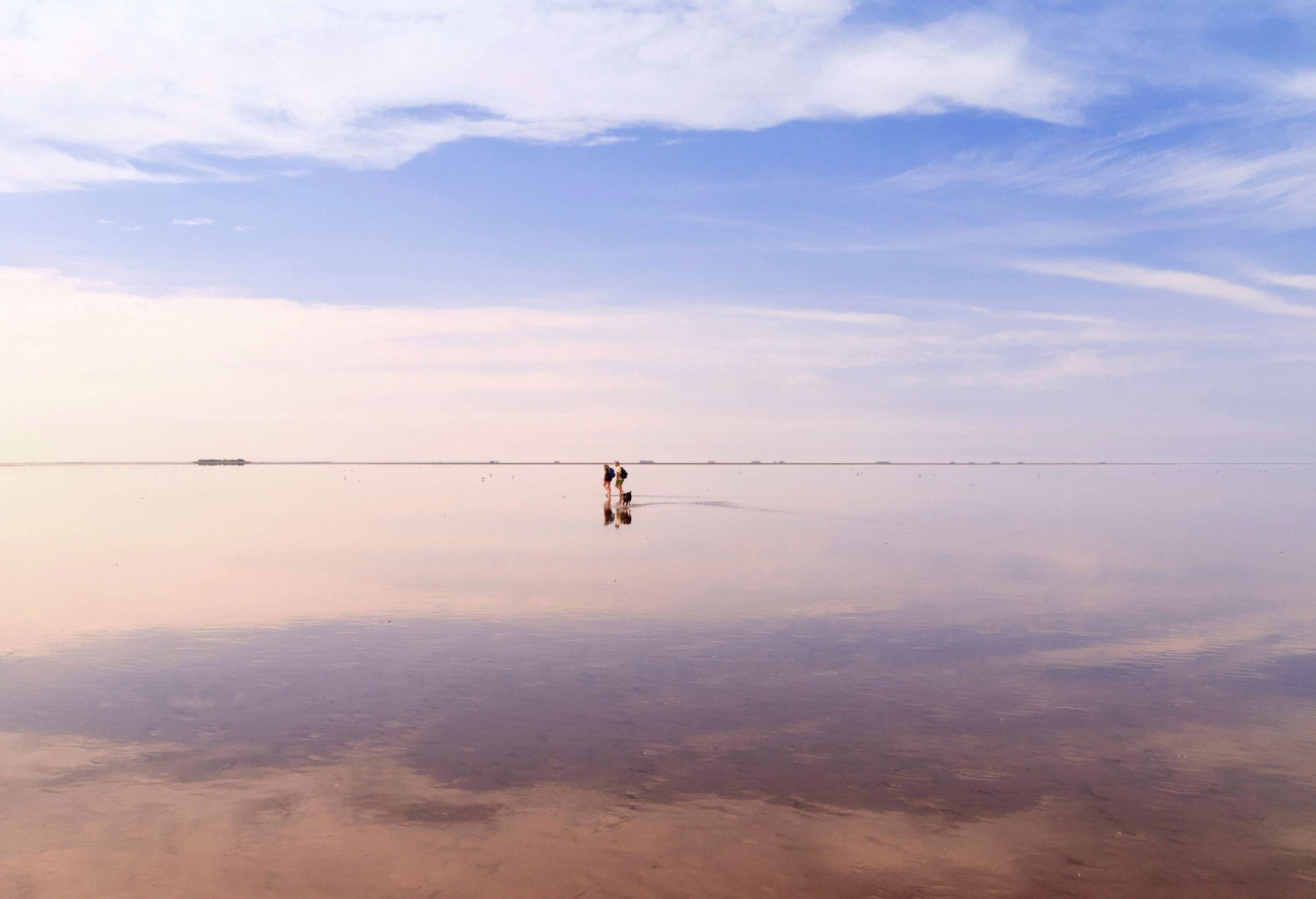 Two people and a dog walking across a mudflat that mirrors the sky above.