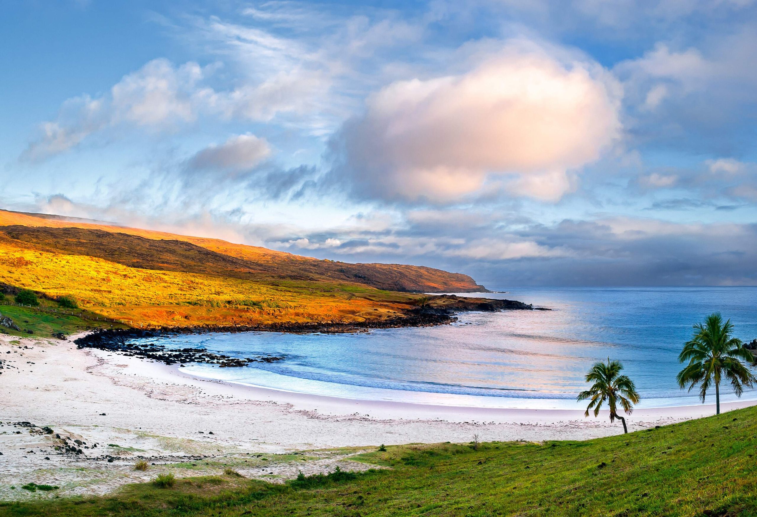 A white beach flanked by grassy lowlands, with the waves softly roll into the shore.