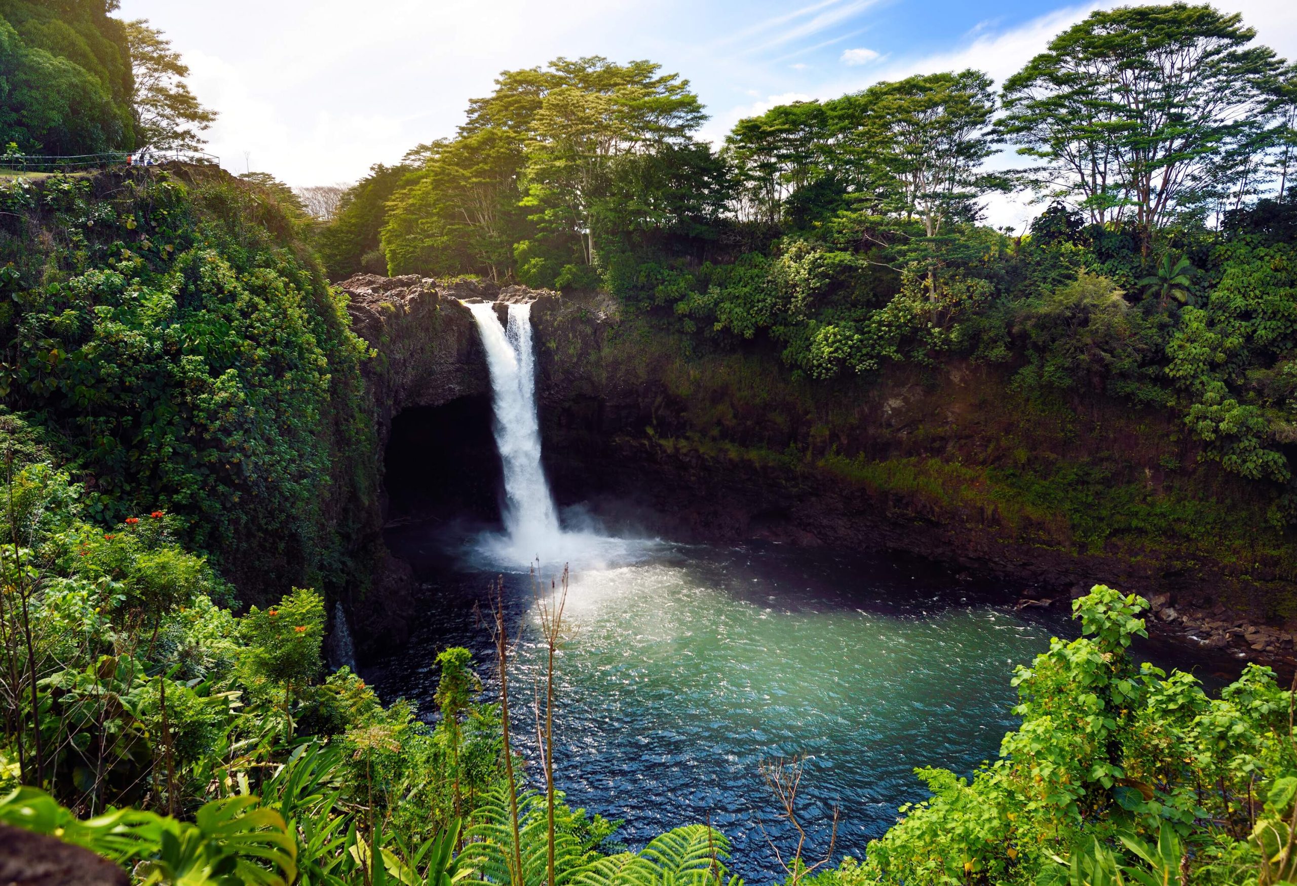 Water gushing from a ledge into a large pool enclosed by bluffs topped with dense vegetation.