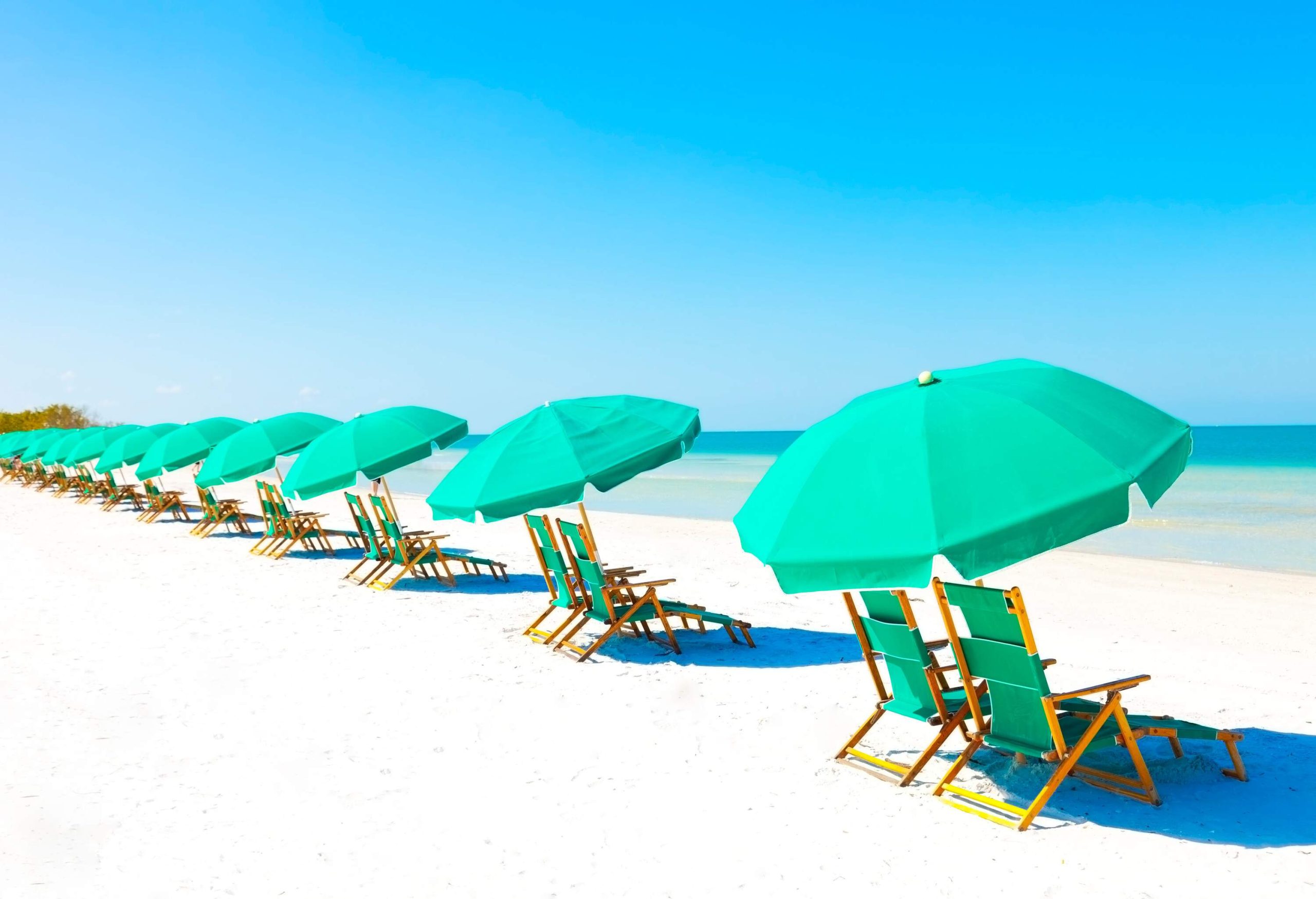 A row of sunbeds under green umbrellas on a white sand beach.