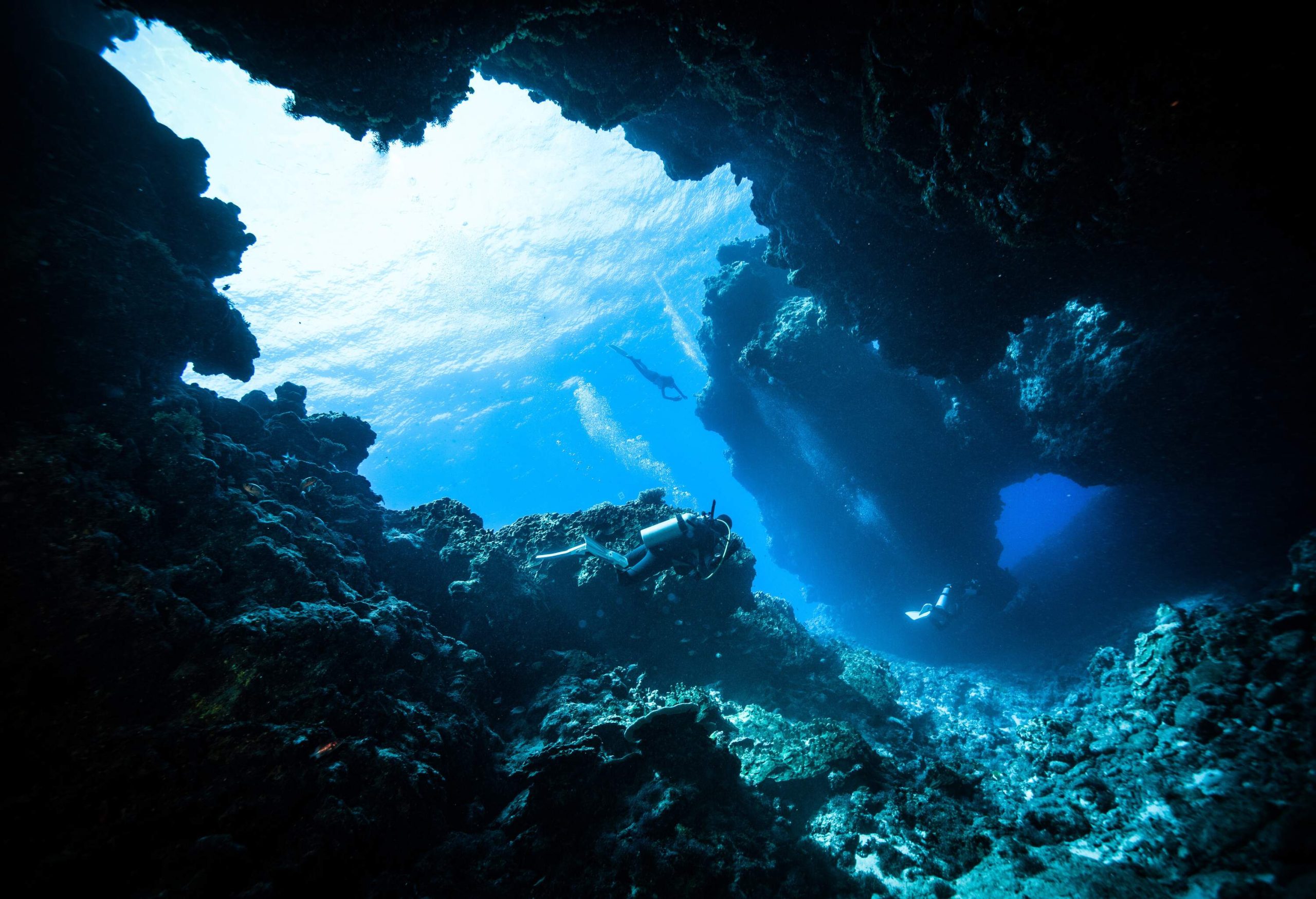 Scuba divers exploring underwater rock formations.