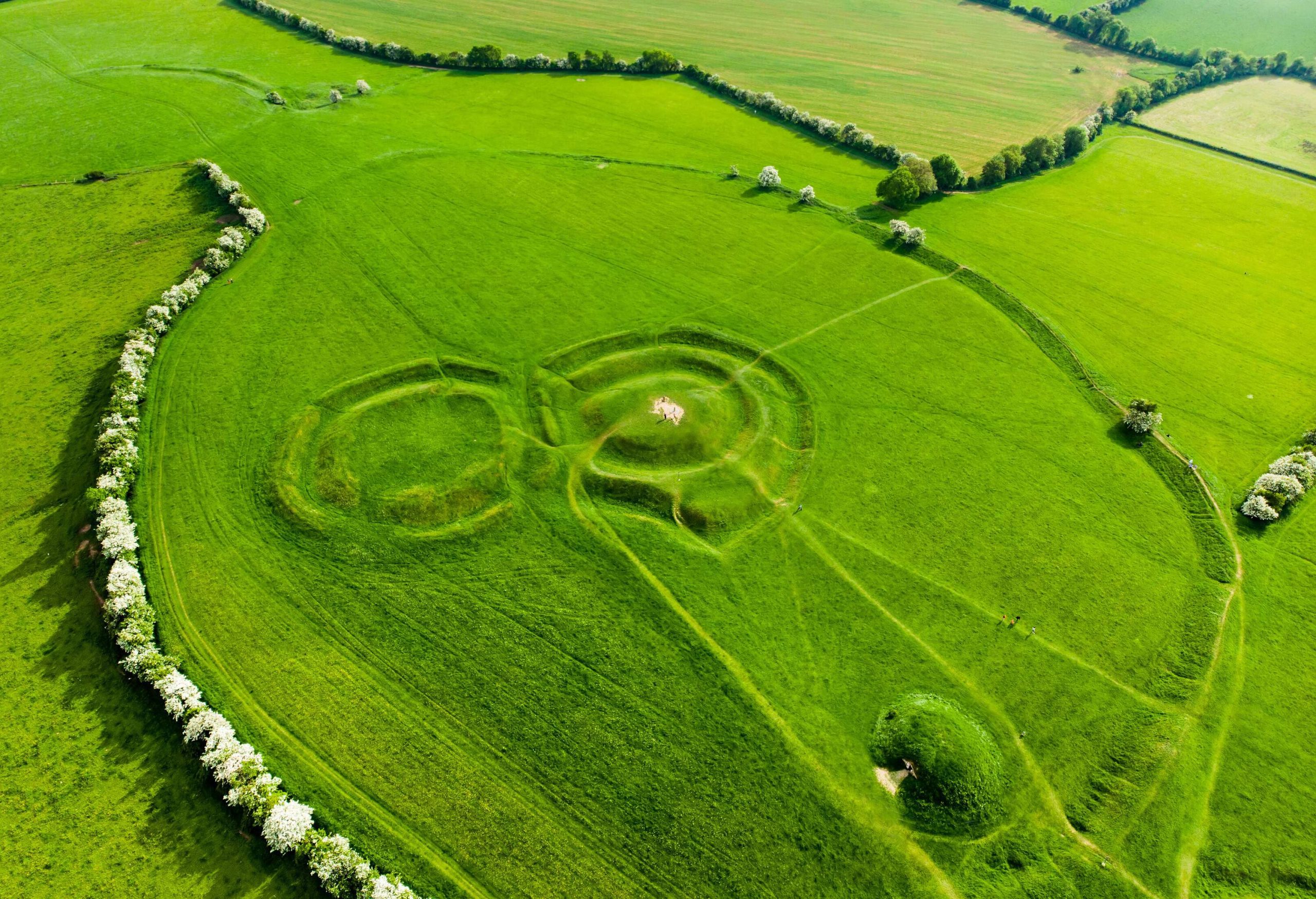 Aerial view of the Hill of Tara, an archaeological complex, containing a number of ancient monuments and, according to tradition, used as the seat of the High King of Ireland, County Meath, Ireland