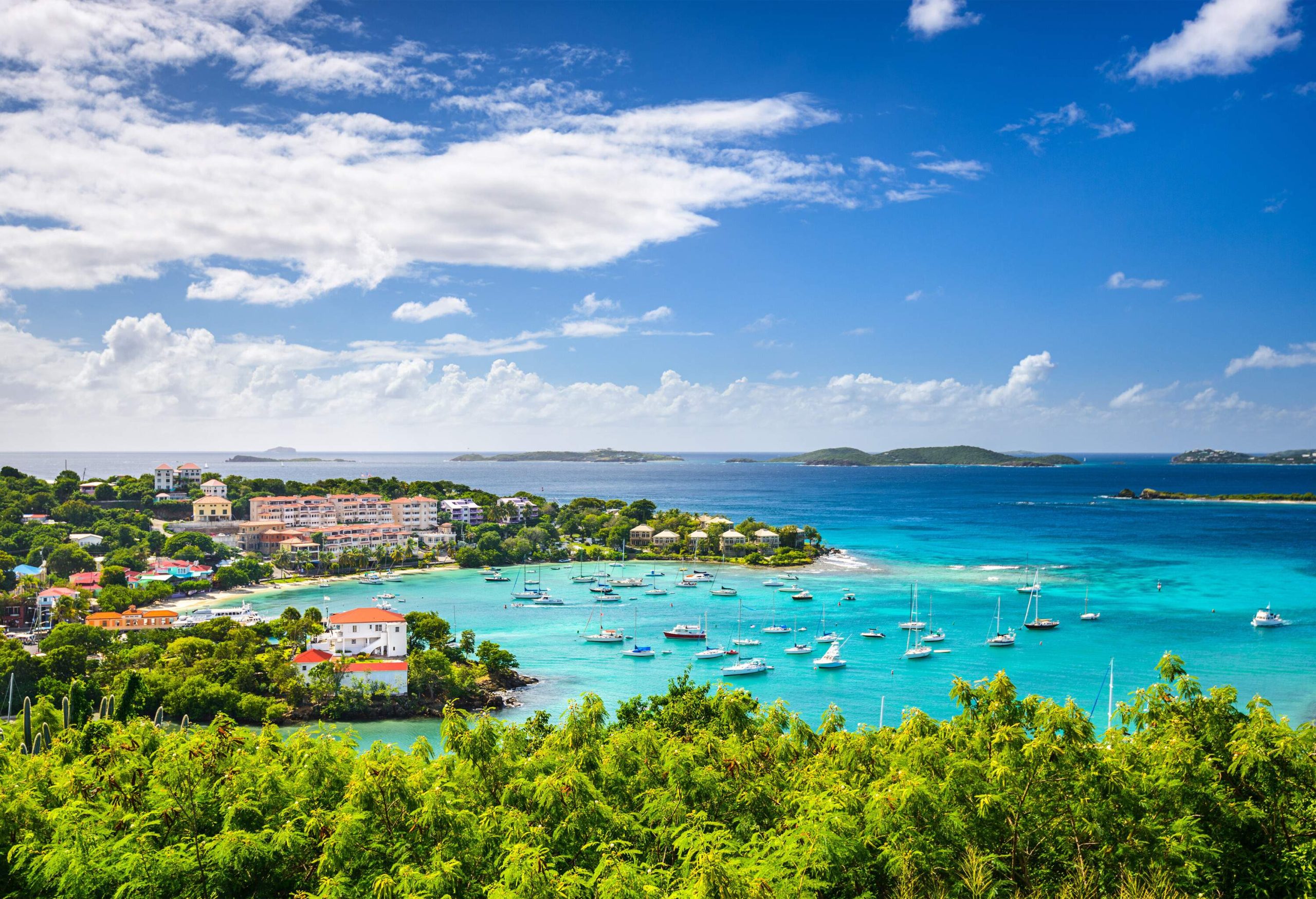 Boats dispersed over the pure blue water of a cove shielded by the island's forests and buildings.