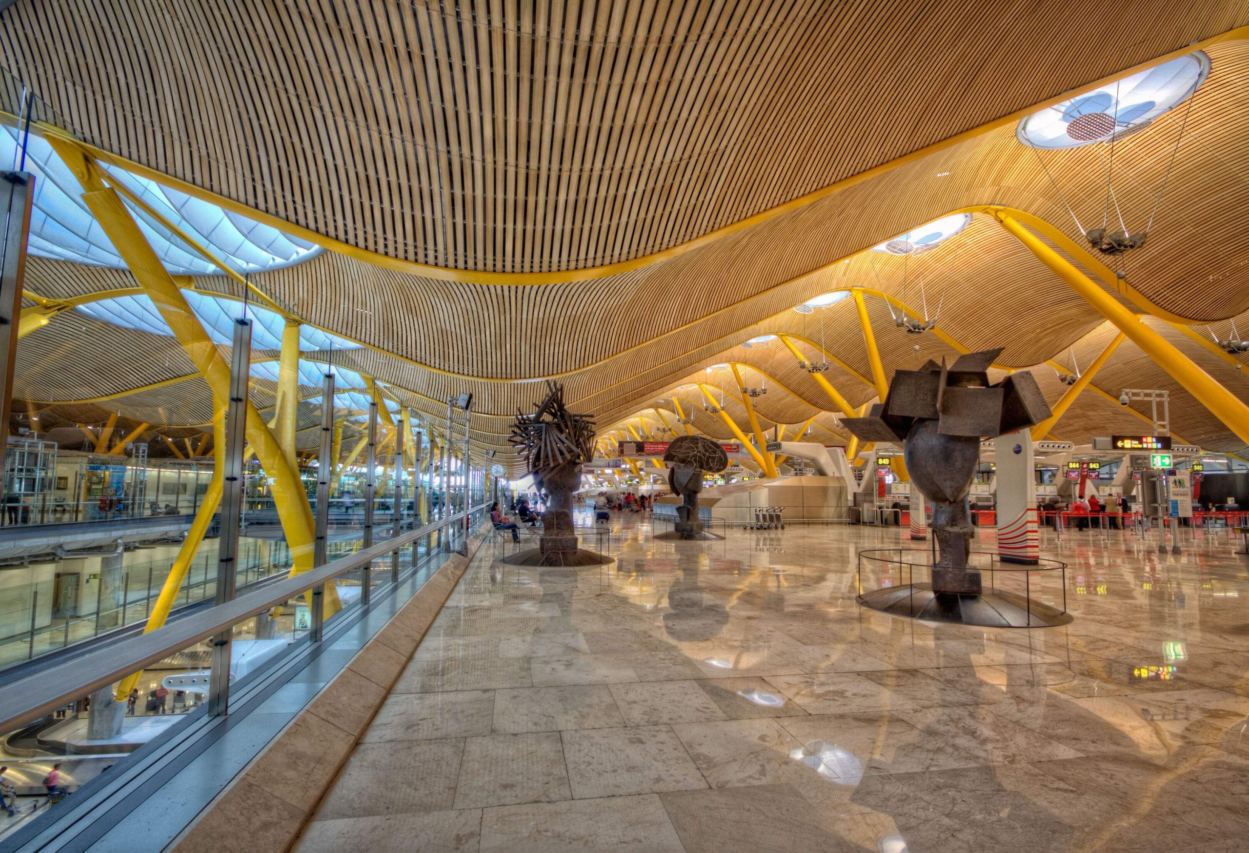An airport terminal with contemporary sculptures under an undulating ceiling dotted with skylights.