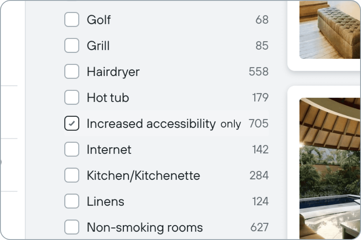 Step two of how to find a hotel room with roll-in shower: select the filter 