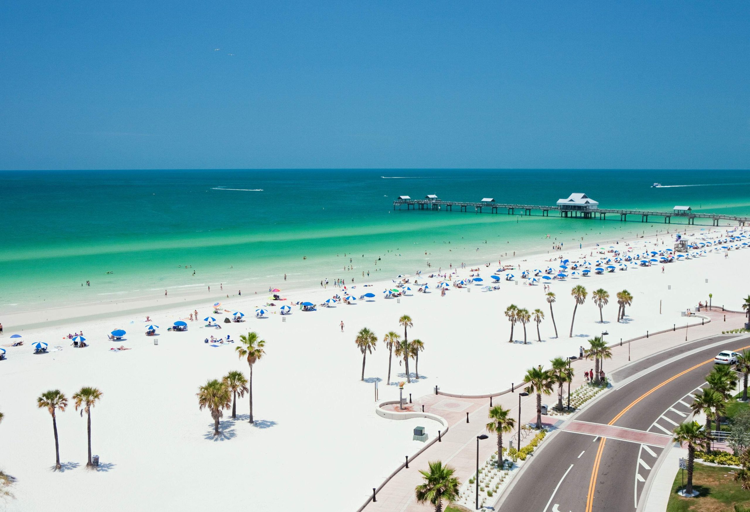 A pier across a white sand beach with rows of sunbeds, umbrellas, and palm trees along a promenade and a tree-lined road.