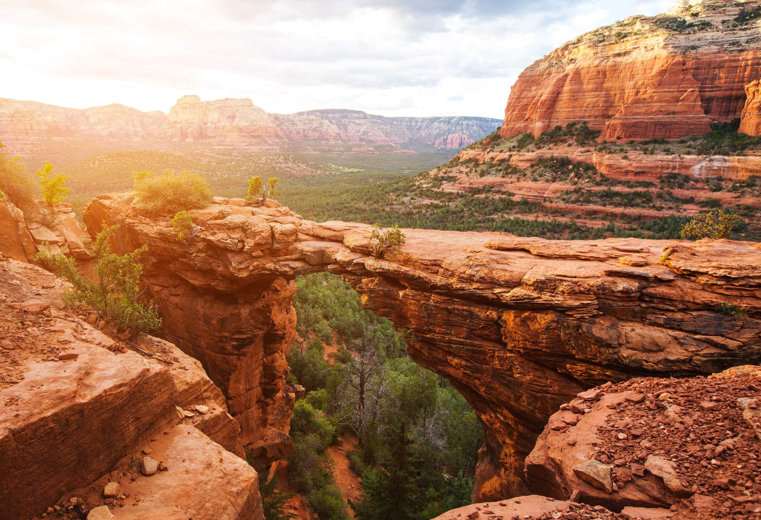 A unique sandstone arch above a forested landscape with views of colourful layered rock mountains.