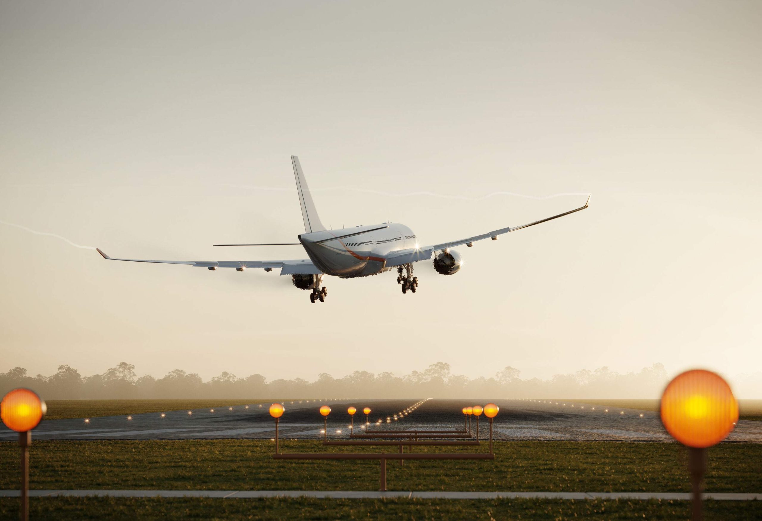 An aeroplane lands on the runway in the early morning.